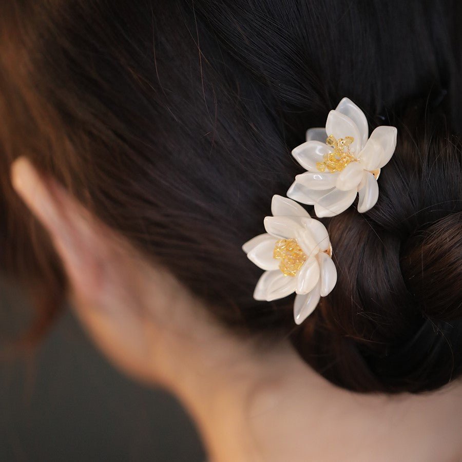 White Waterlily Flower Hair Pin (2 - pc)HAIRJewelryBlossomuniqueflowerearringsgiftforhermothergiftdaughtergiftbirthdaygiftanniversarygift