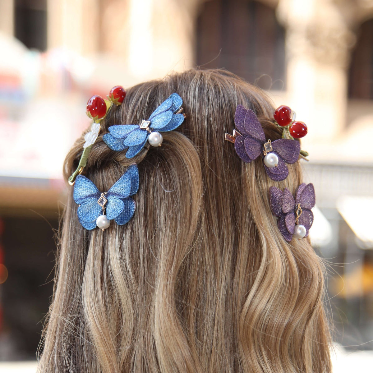 Wisteria Sapphire Butterfly Pearl Drop Hair Clips (4-Piece) Hair Clips JewelryBlossom #flowerjewelry# #weddingjewelry# #bridaljewelry# #weddinggift# #bridemaidgift##giftforher# #mothergift# #daughtergift# #birthdaygift# #anniversarygi