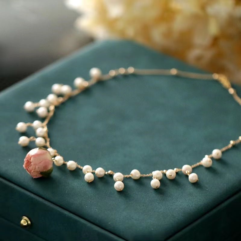 Pink Rosebud Natural Pearl NecklaceNecklaceJewelryBlossomuniqueflowerearringsgiftforhermothergiftdaughtergiftbirthdaygiftanniversarygift