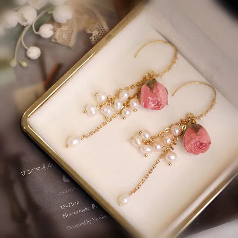 Rosebud Natural Pearl Drop EarringsEarringsJewelryBlossomuniqueflowerearringsgiftforhermothergiftdaughtergiftbirthdaygiftanniversarygift