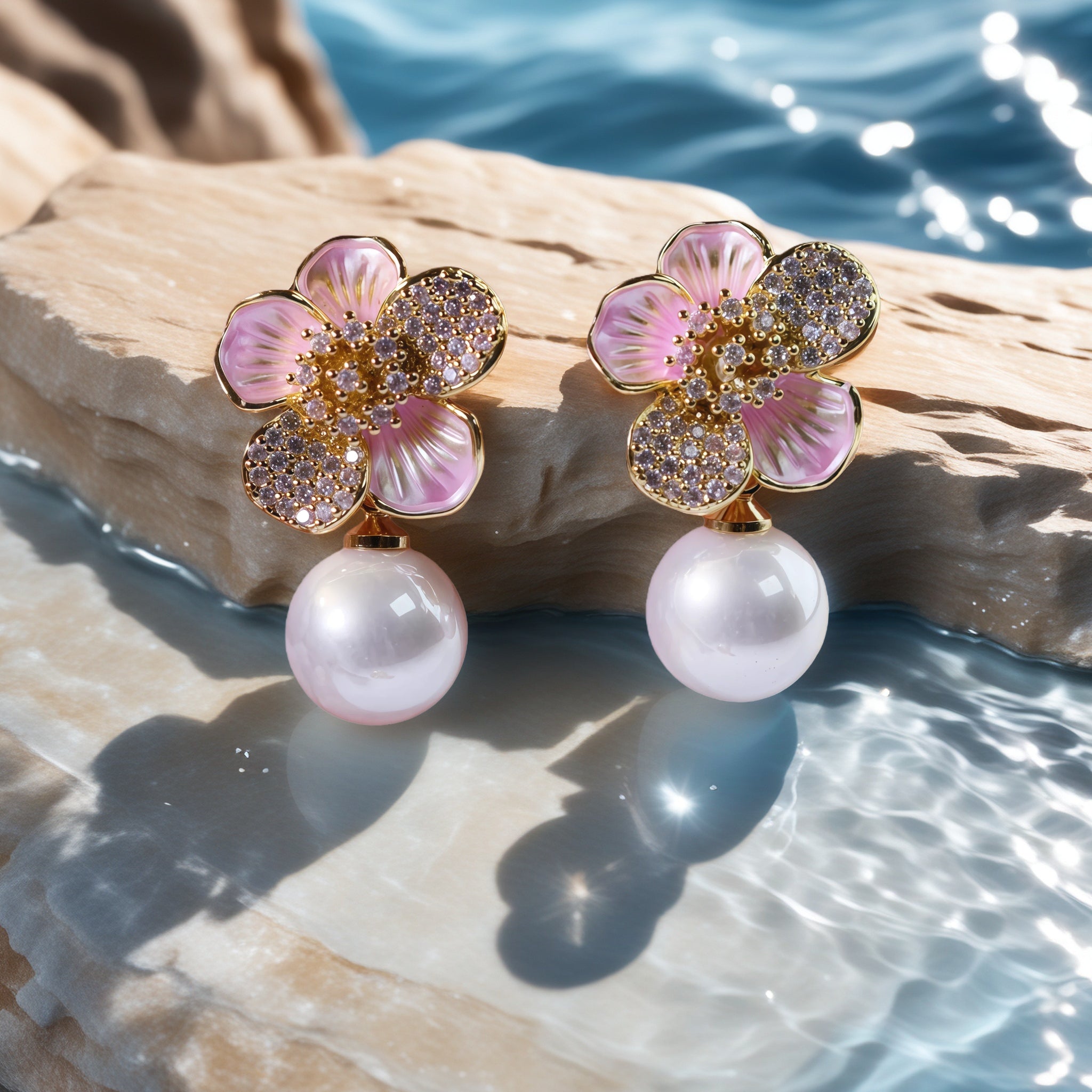 Cherry Blossom Pavé Pearl Drop Earrings