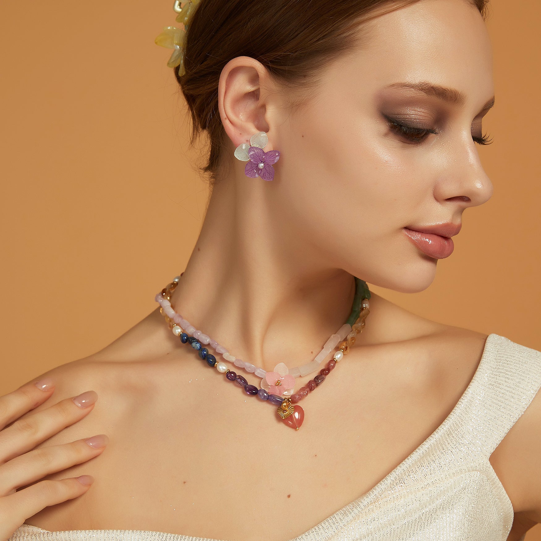 Pink Hydrangea Charm Crystal Necklace