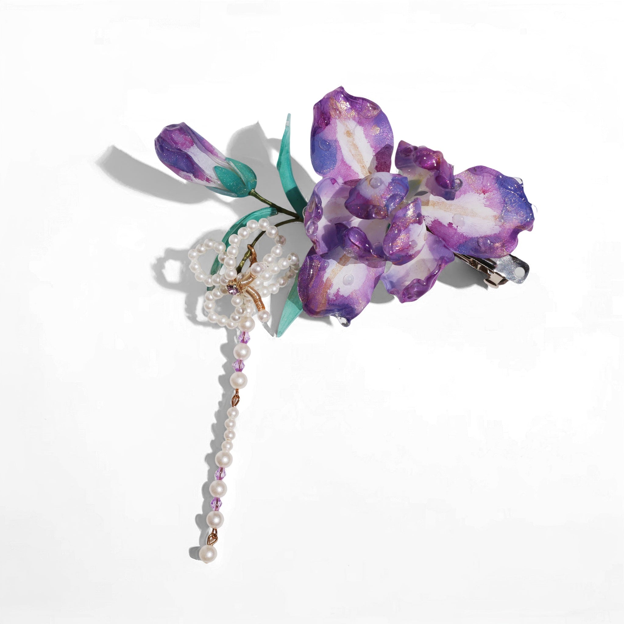 Amethyst Iris Pearl Cascade Hair Clip