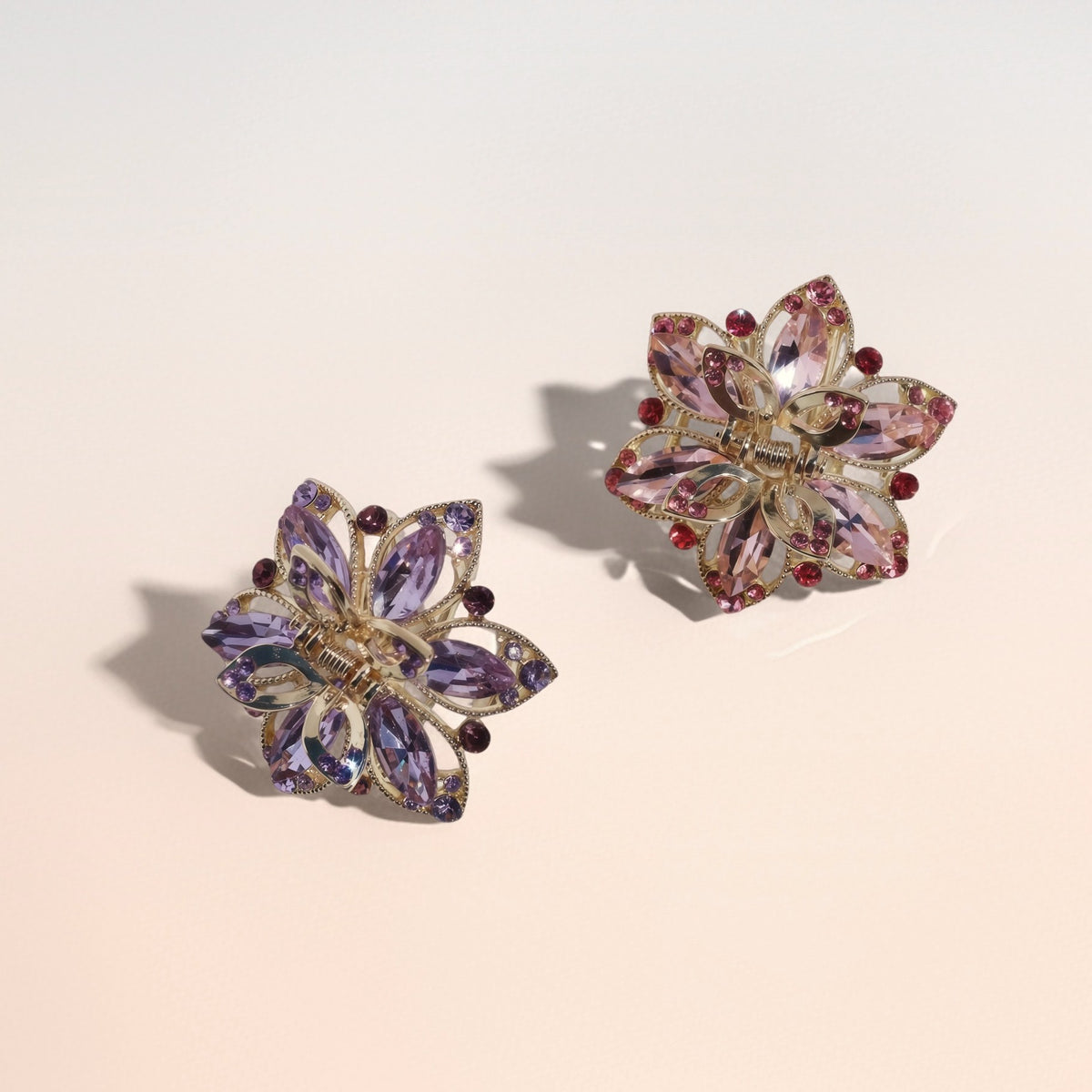 Amethyst & Rosé Crystal Flower Claw Clip Set (4-Piece)