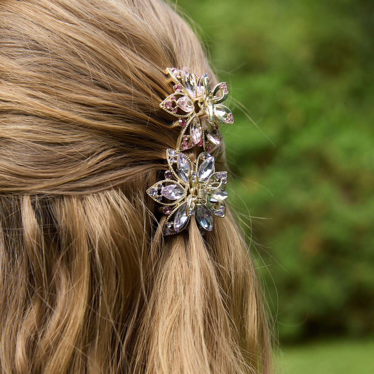 Amethyst & Rosé Crystal Flower Claw Clip Set (4-Piece)