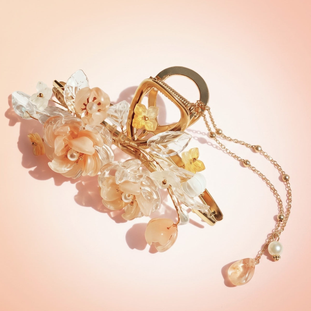 Apricot Camellia Crystal Leaf Tassel Claw Clip