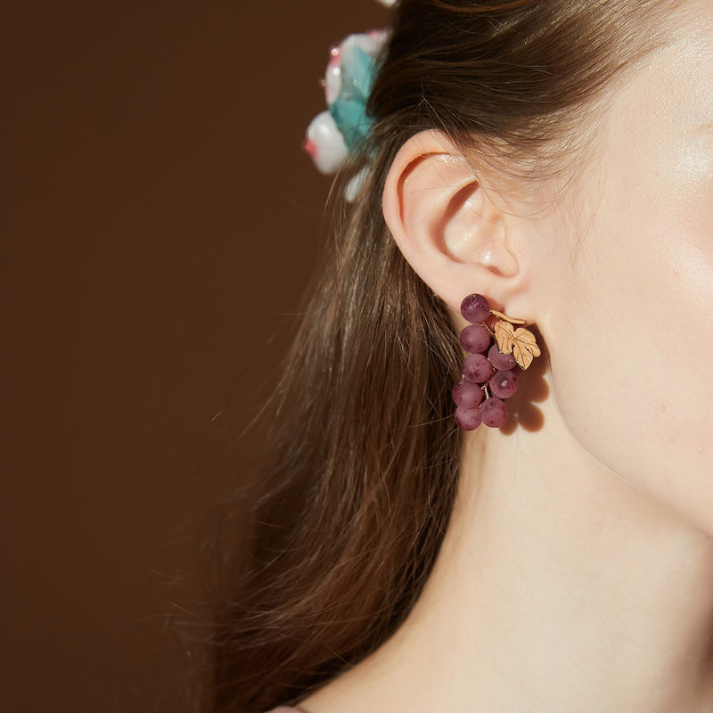Purple Grape Golden Leaves Stud Earrings