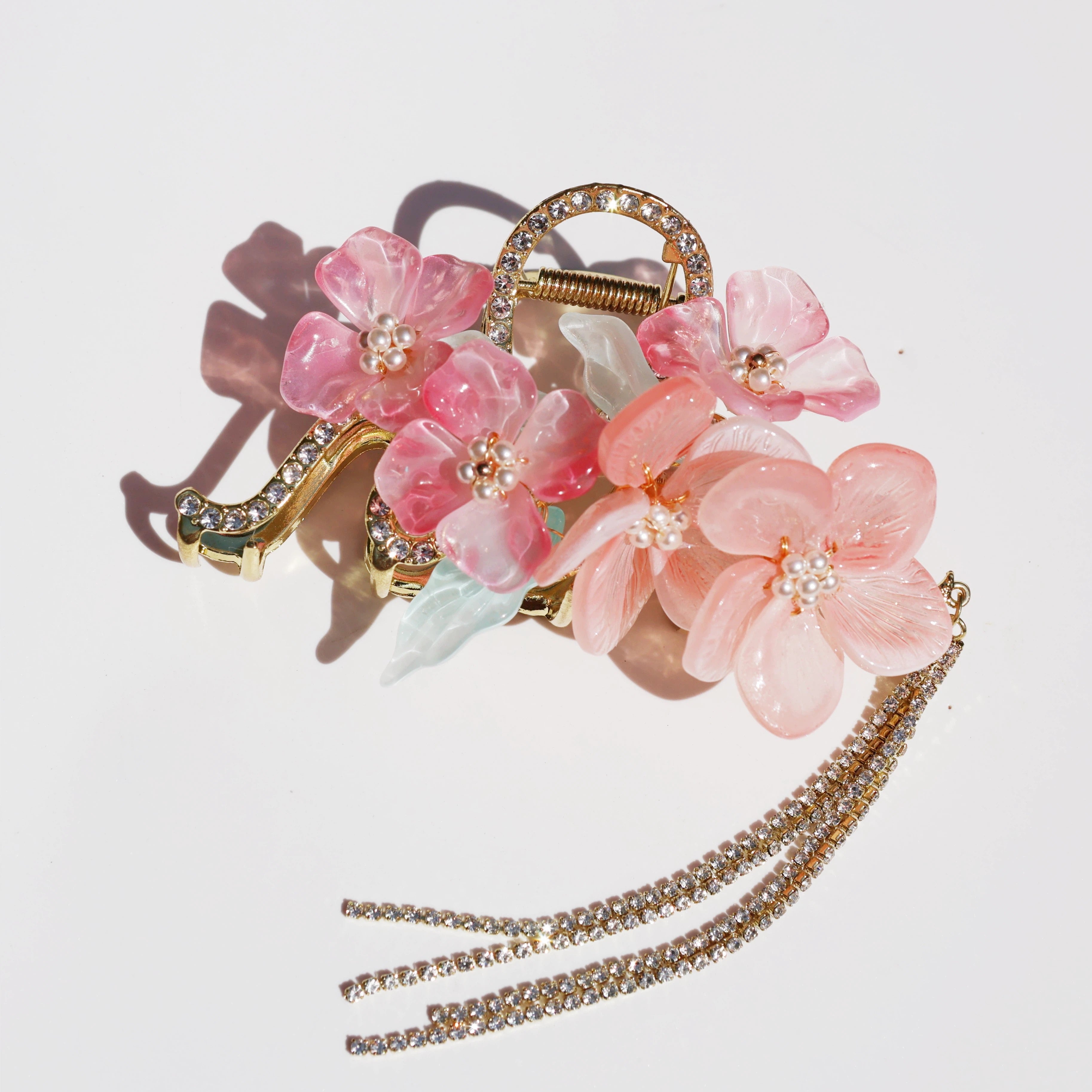 Blush Peony Rhinestone Tassel Hair Claw