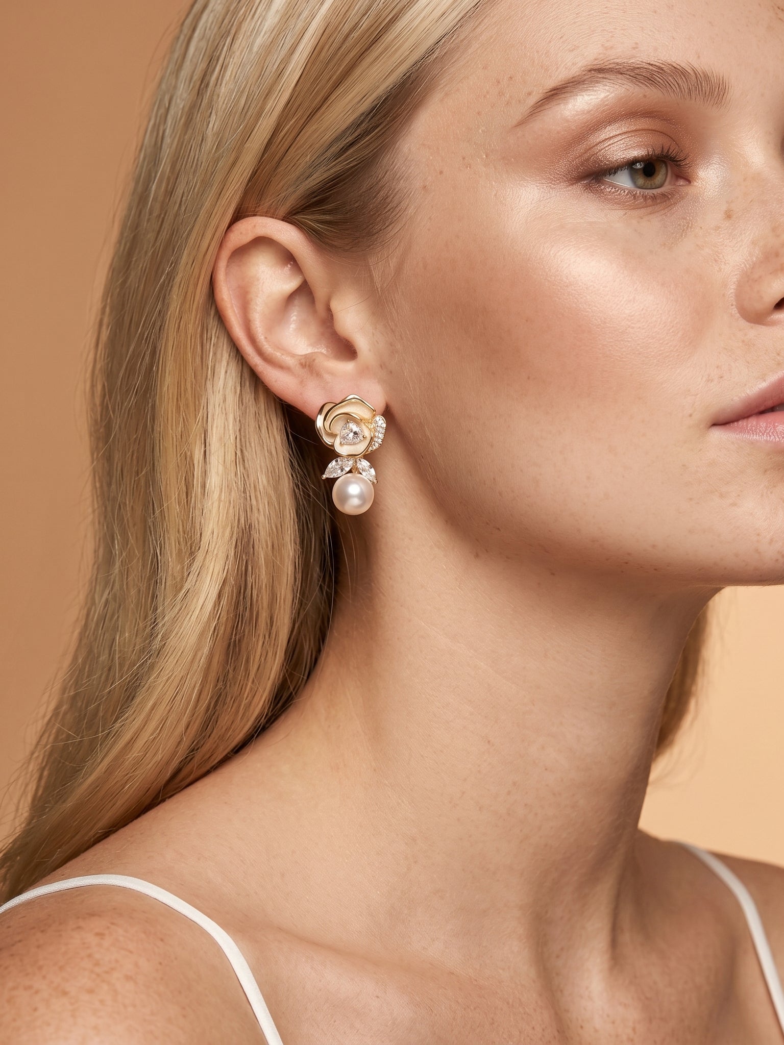Champagne Camellia Crystal Pearl Drop Earrings