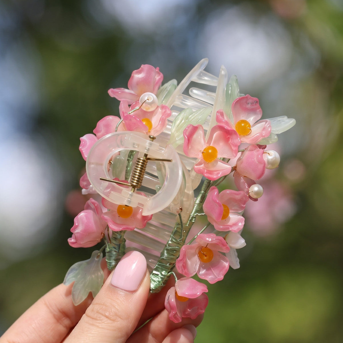 A hand with light pink nail polish holds a floral hair claw clip outdoors. The hair accessory features pink resin flowers with yellow centers, translucent white plastic teeth, and small pearl-like beads, set against a blurred green and blue natural background.
