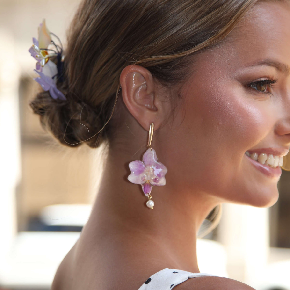 *Real Flower* Mini Orchid Pearl Drop Earrings