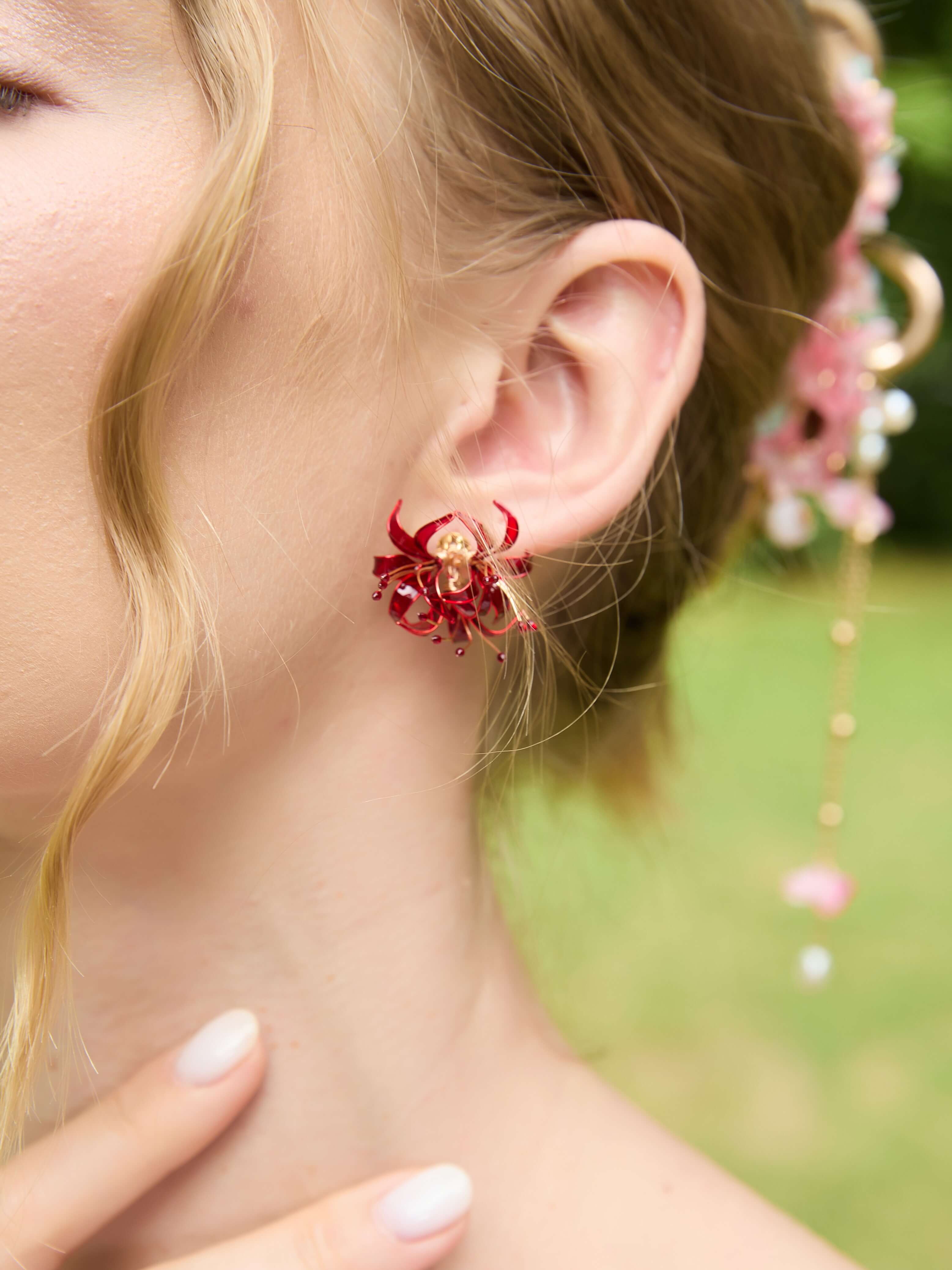 Ruby Lycoris Flower Stud Earrings