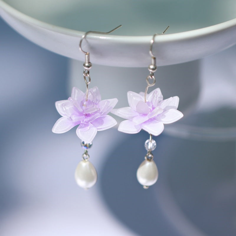 Whispers of Lavender Waterlily Pearl Drop Earrings