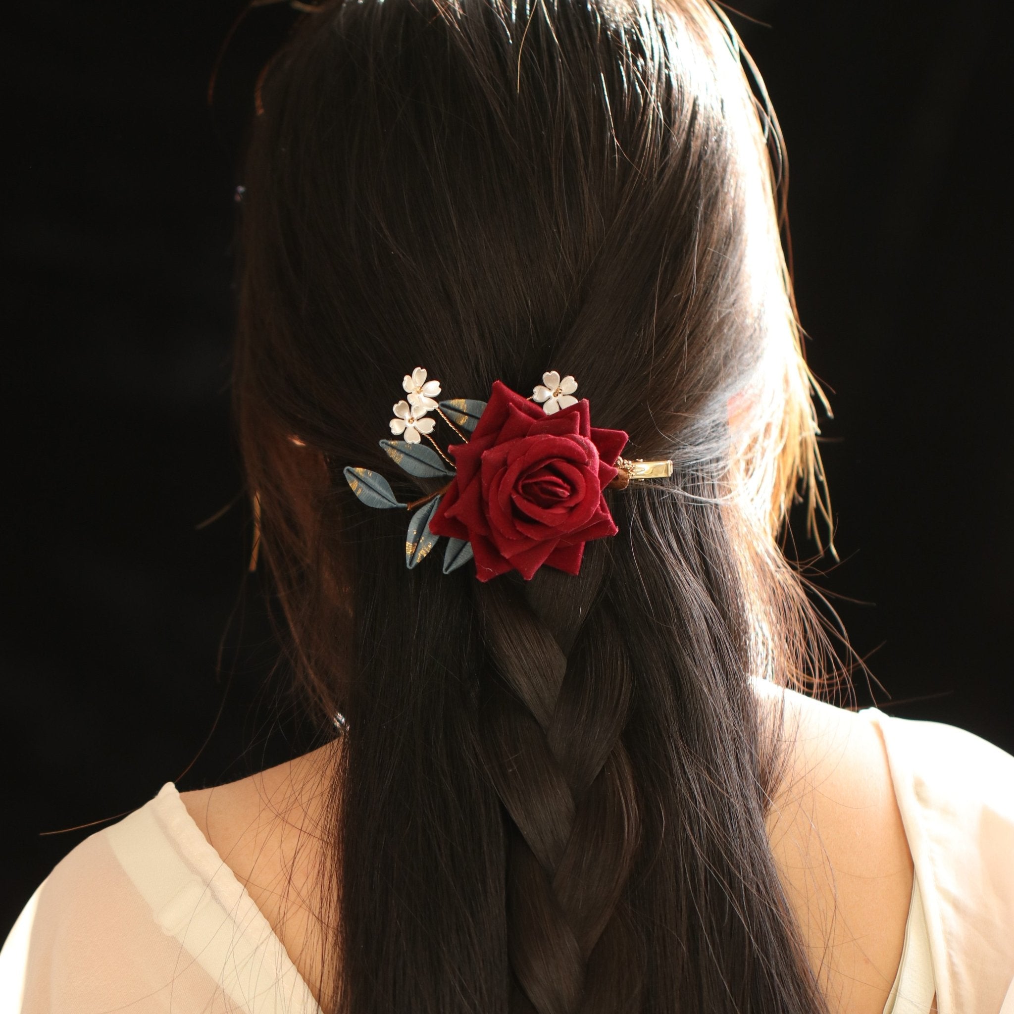 Alec's Red Rose Hair ClipHair ClipsJewelryBlossomuniqueflowerearringsgiftforhermothergiftdaughtergiftbirthdaygiftanniversarygift