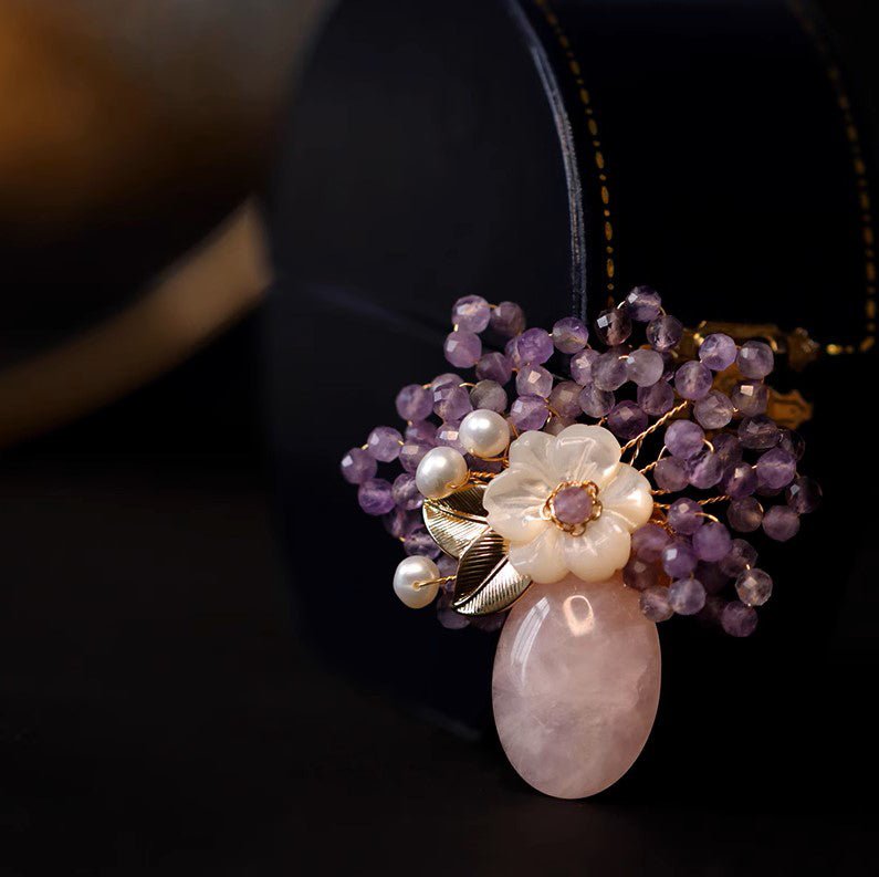 Amethyst Flowers In Rose Quartz Vase Brooch