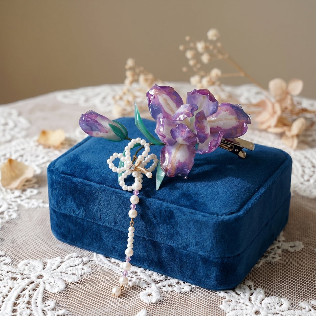 Amethyst Iris Pearl Cascade Hair Barrette ClipHair ClipsJewelryBlossomuniqueflowerearringsgiftforhermothergiftdaughtergiftbirthdaygiftanniversarygift