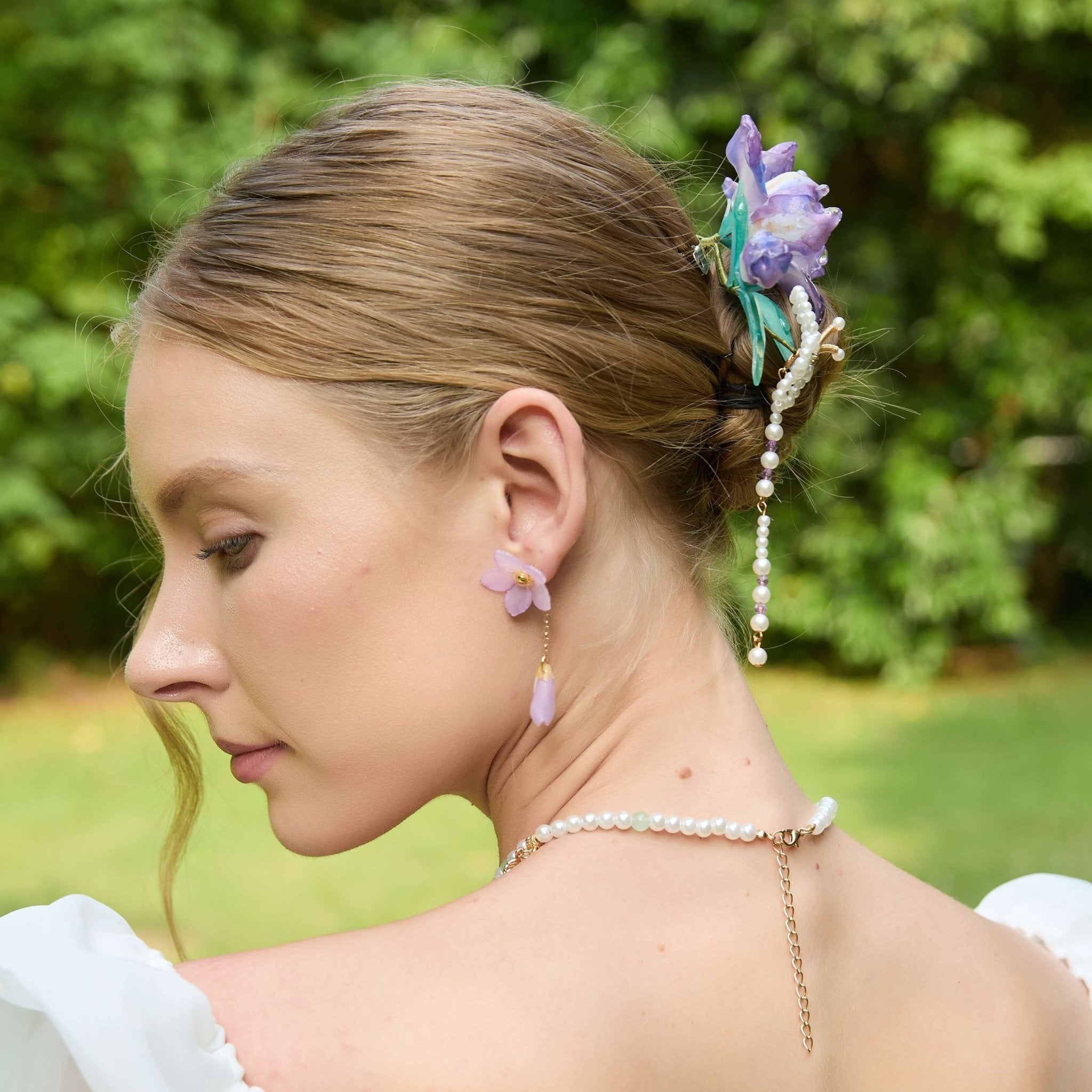 Amethyst Iris Pearl Cascade Hair Barrette Clip