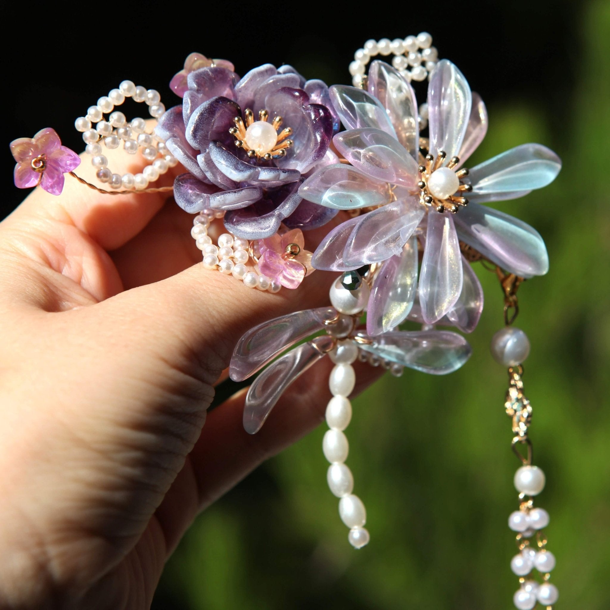 Amethyst Moon Bloom Tassel Hair ClipHAIRJewelryBlossomuniqueflowerearringsgiftforhermothergiftdaughtergiftbirthdaygiftanniversarygift