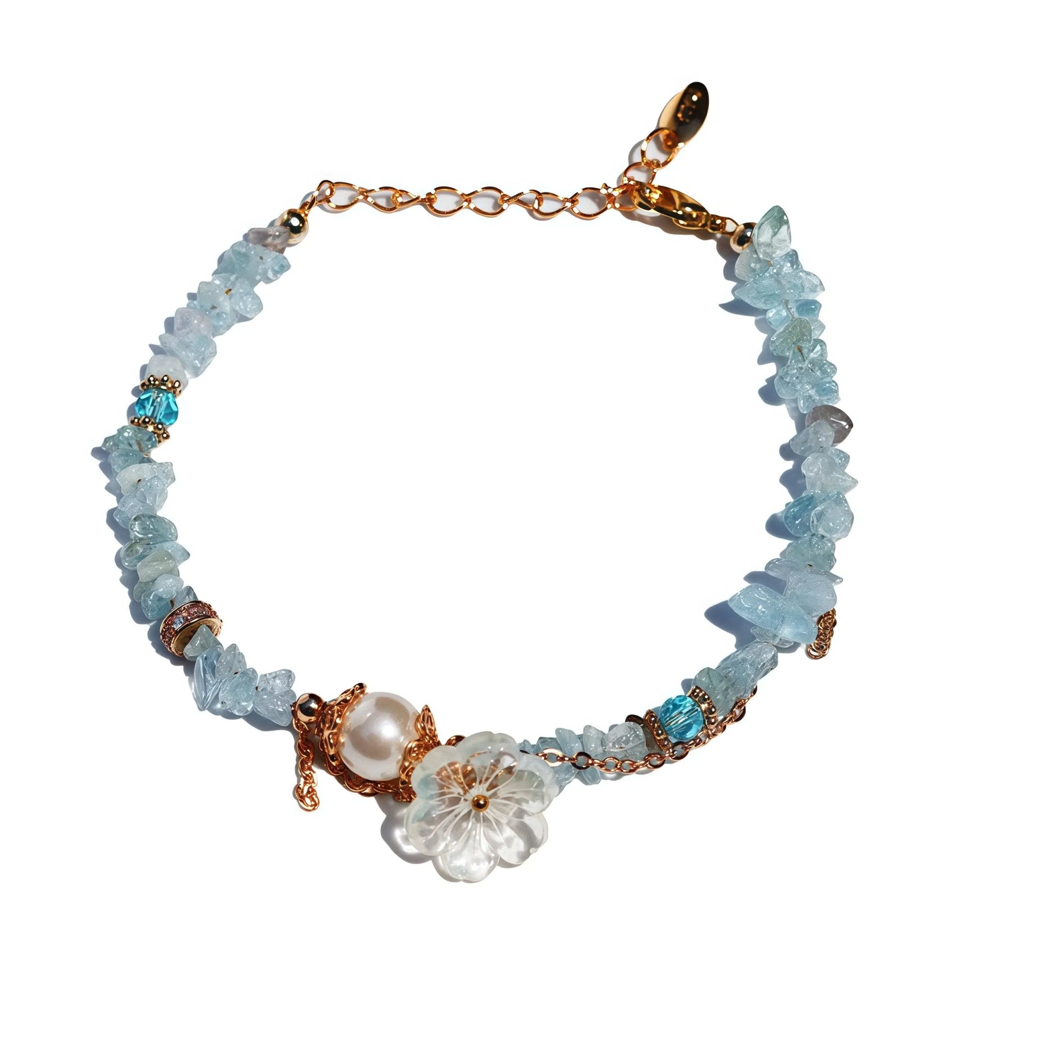 Aquamarine White Flower Charm Golden Chain BraceletBraceletJewelryBlossomuniqueflowerearringsgiftforhermothergiftdaughtergiftbirthdaygiftanniversarygift