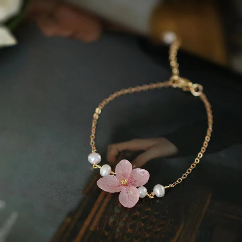 [Final Sale] Custom Designed Pink Hydrangea Bracelet (Crystal Pearls)