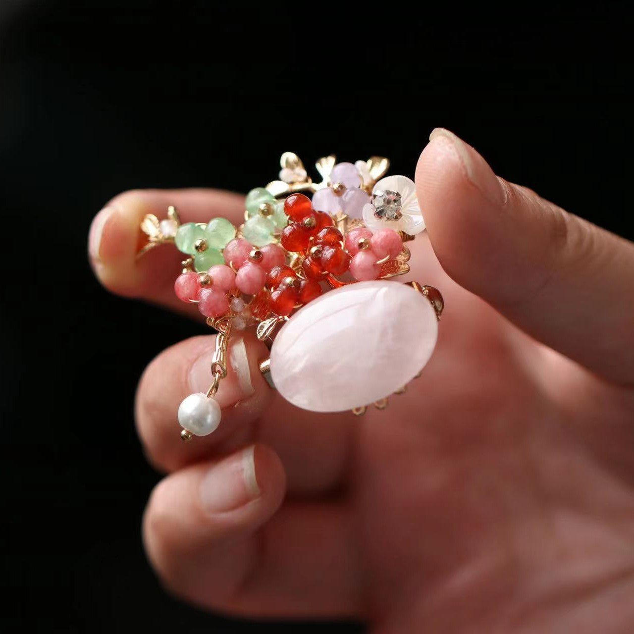 Crystal Flower Rose Quartz Brooch/ Final SalebroochJewelryBlossomuniqueflowerearringsgiftforhermothergiftdaughtergiftbirthdaygiftanniversarygift