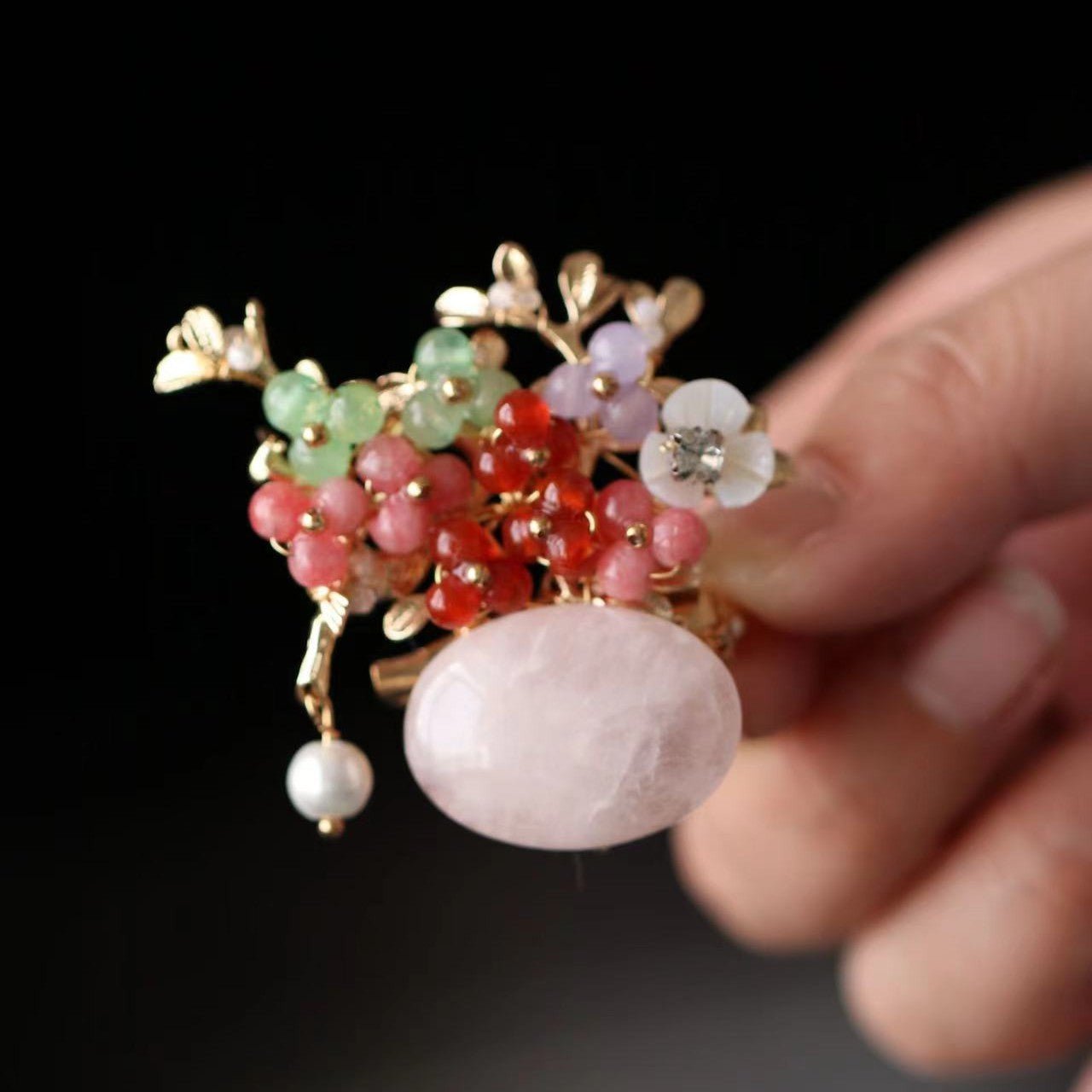 Crystal Flower Rose Quartz Brooch/ Final SalebroochJewelryBlossomuniqueflowerearringsgiftforhermothergiftdaughtergiftbirthdaygiftanniversarygift