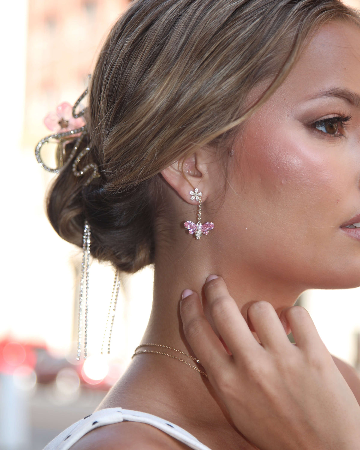 Rosé Wing Bumblebee Chain Dangle Earrings