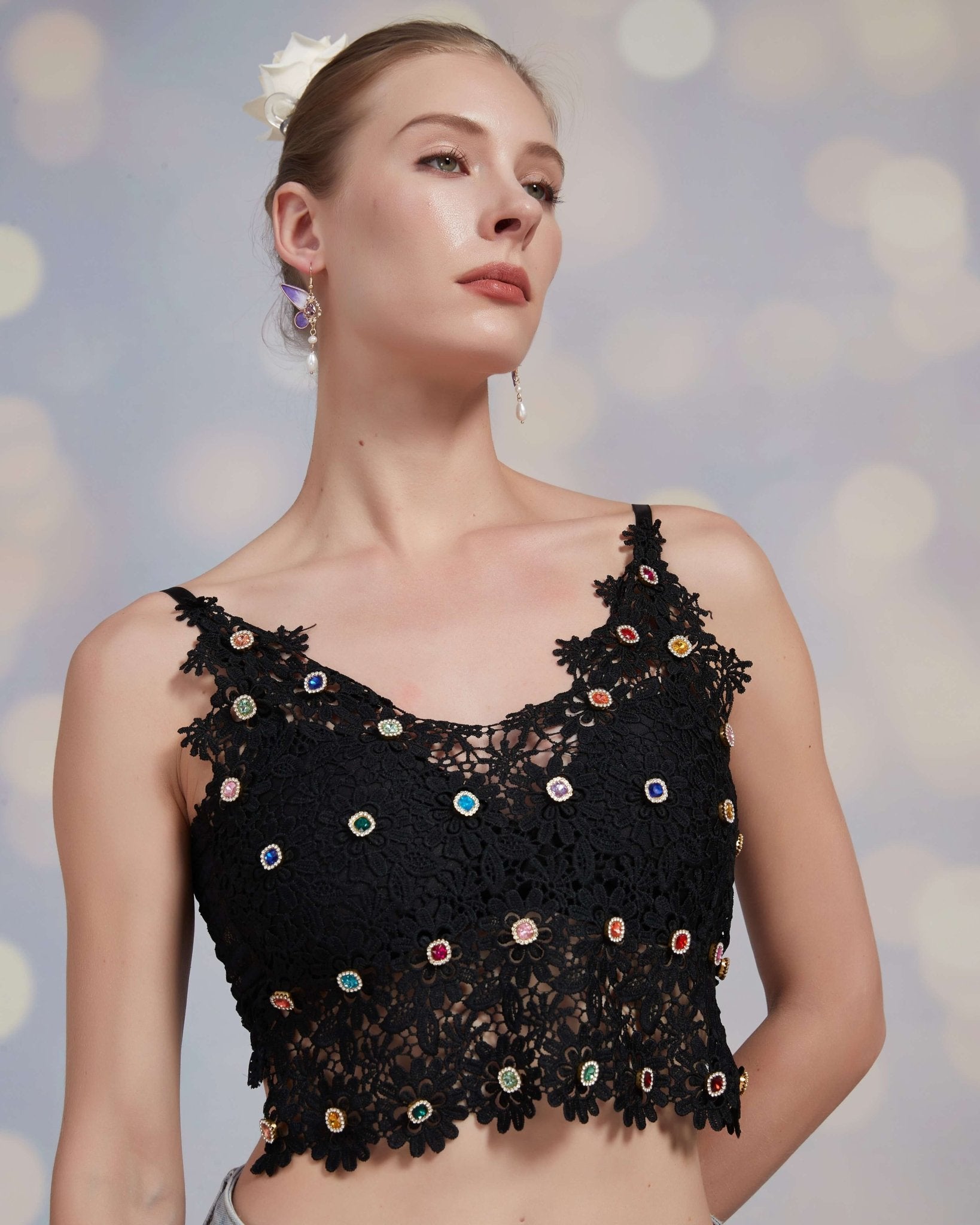 Embellished rhinestone Black Lace Crop TankClothingJewelryBlossomuniqueflowerearringsgiftforhermothergiftdaughtergiftbirthdaygiftanniversarygift