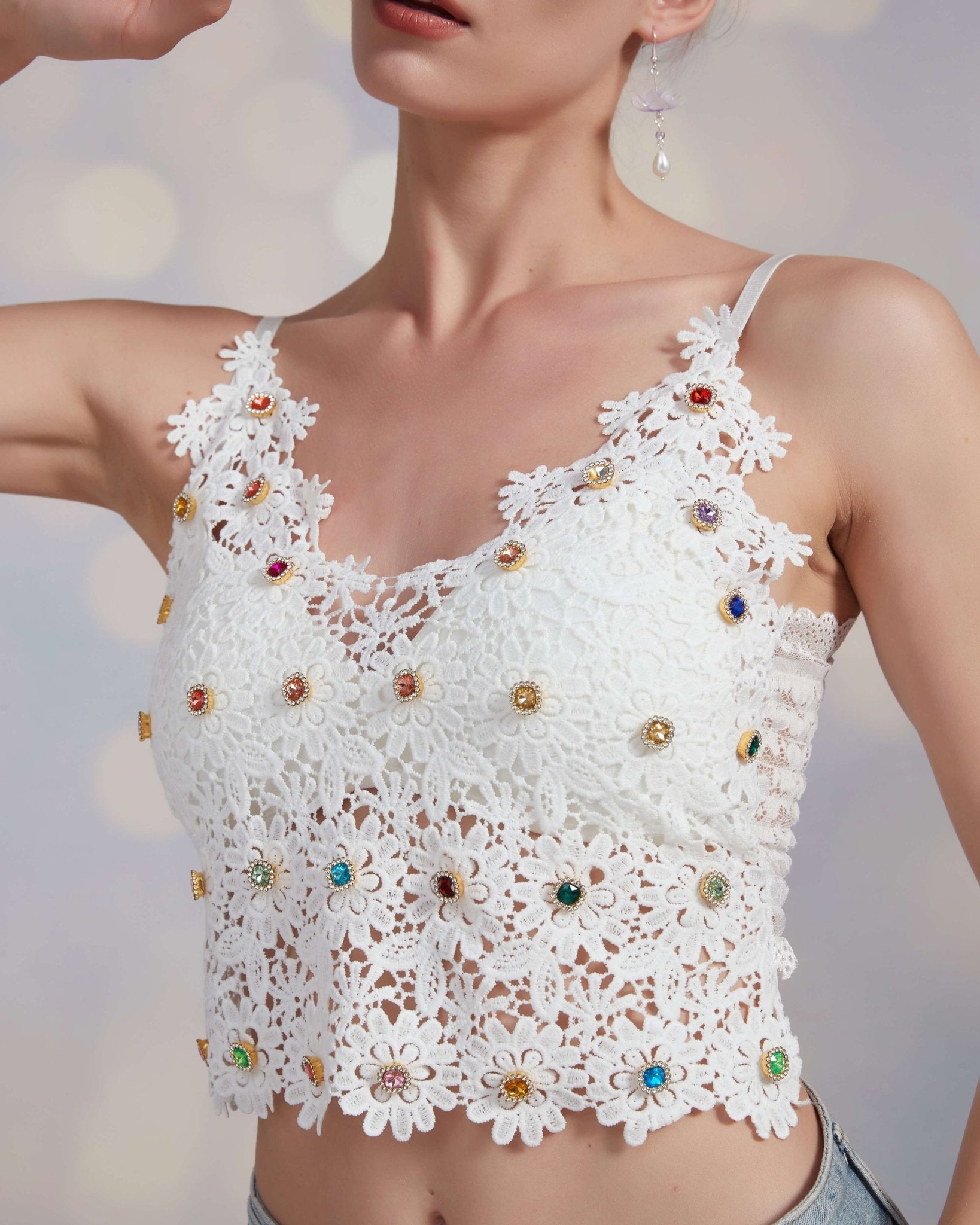 Embellished rhinestone White Lace Crop TankClothingJewelryBlossomuniqueflowerearringsgiftforhermothergiftdaughtergiftbirthdaygiftanniversarygift