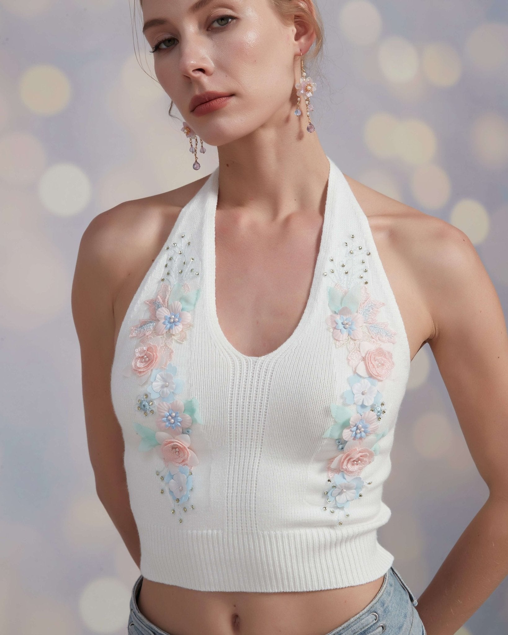 Embroidered Cherry Blossom Garden Knit Crop