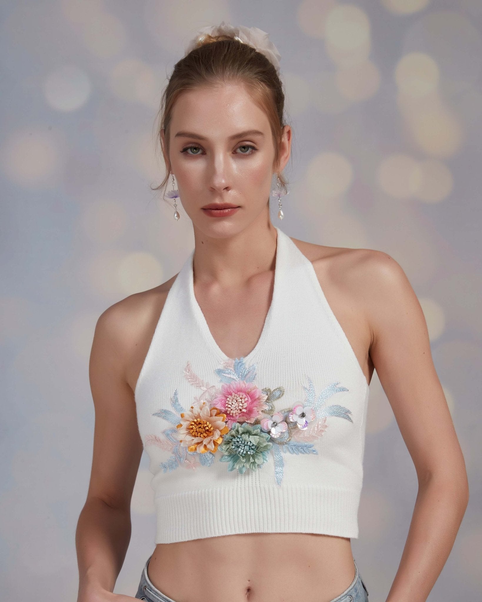 Embroidered Daisy Floral Knit Crop TopClothingJewelryBlossomuniqueflowerearringsgiftforhermothergiftdaughtergiftbirthdaygiftanniversarygift