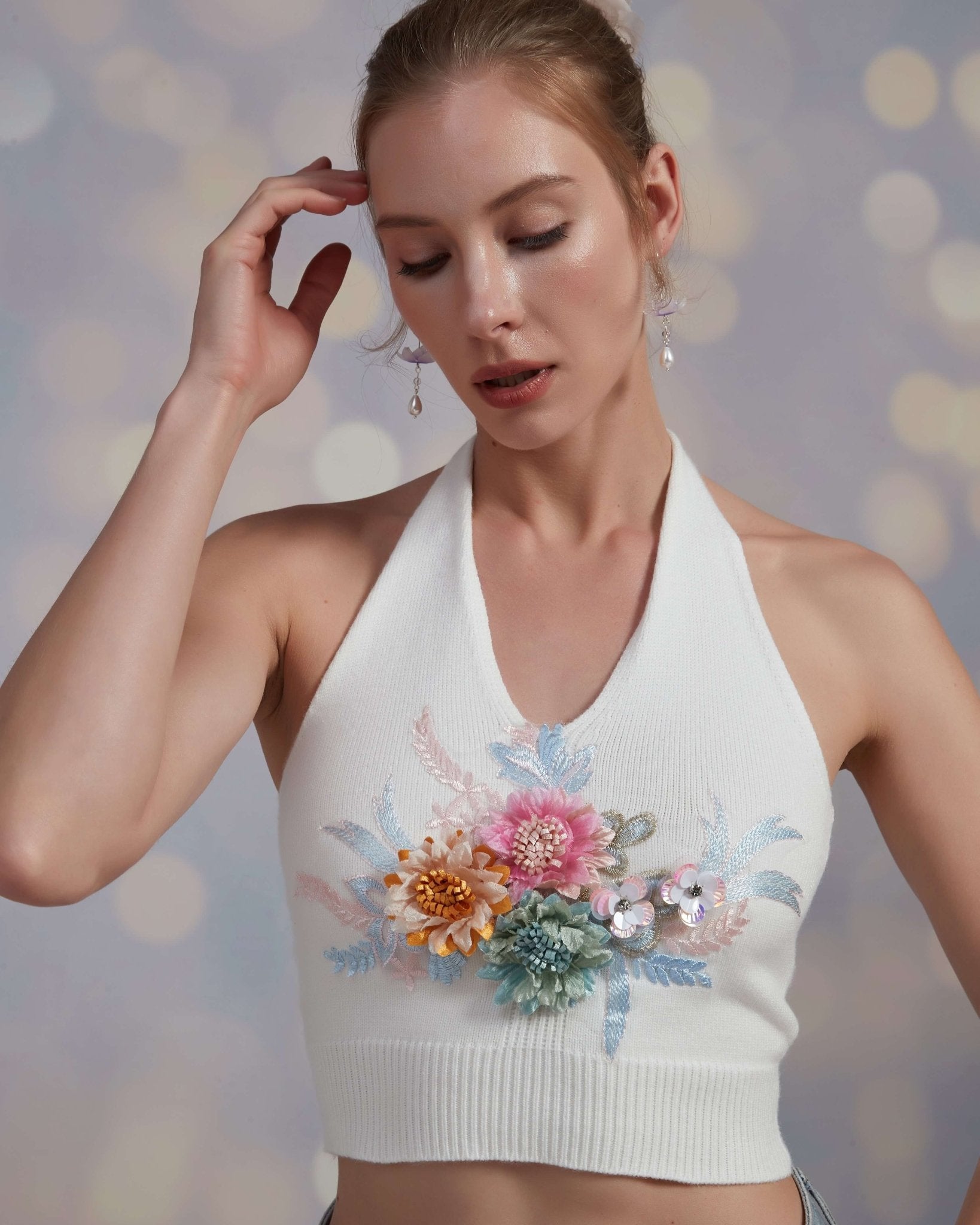 Embroidered Daisy Floral Knit Crop TopClothingJewelryBlossomuniqueflowerearringsgiftforhermothergiftdaughtergiftbirthdaygiftanniversarygift