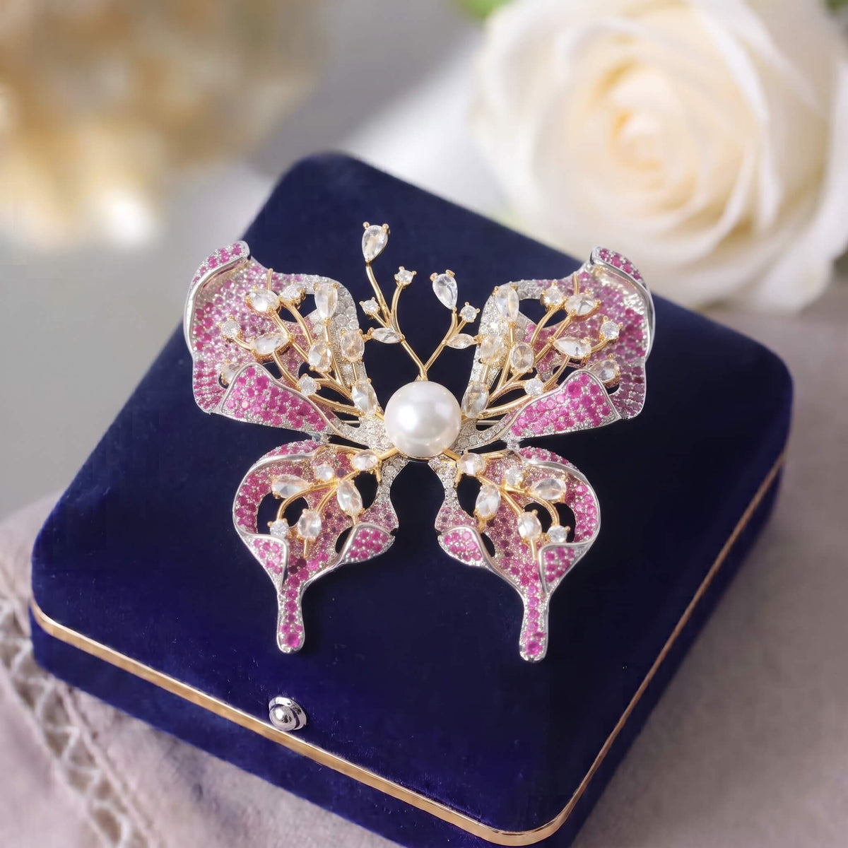 Fuchsia Pavé Butterfly Pearl Blossom Brooch brooch JewelryBlossom #flowerjewelry# #weddingjewelry# #bridaljewelry# #weddinggift# #bridemaidgift##giftforher# #mothergift# #daughtergift# #birthdaygift# #anniversarygi