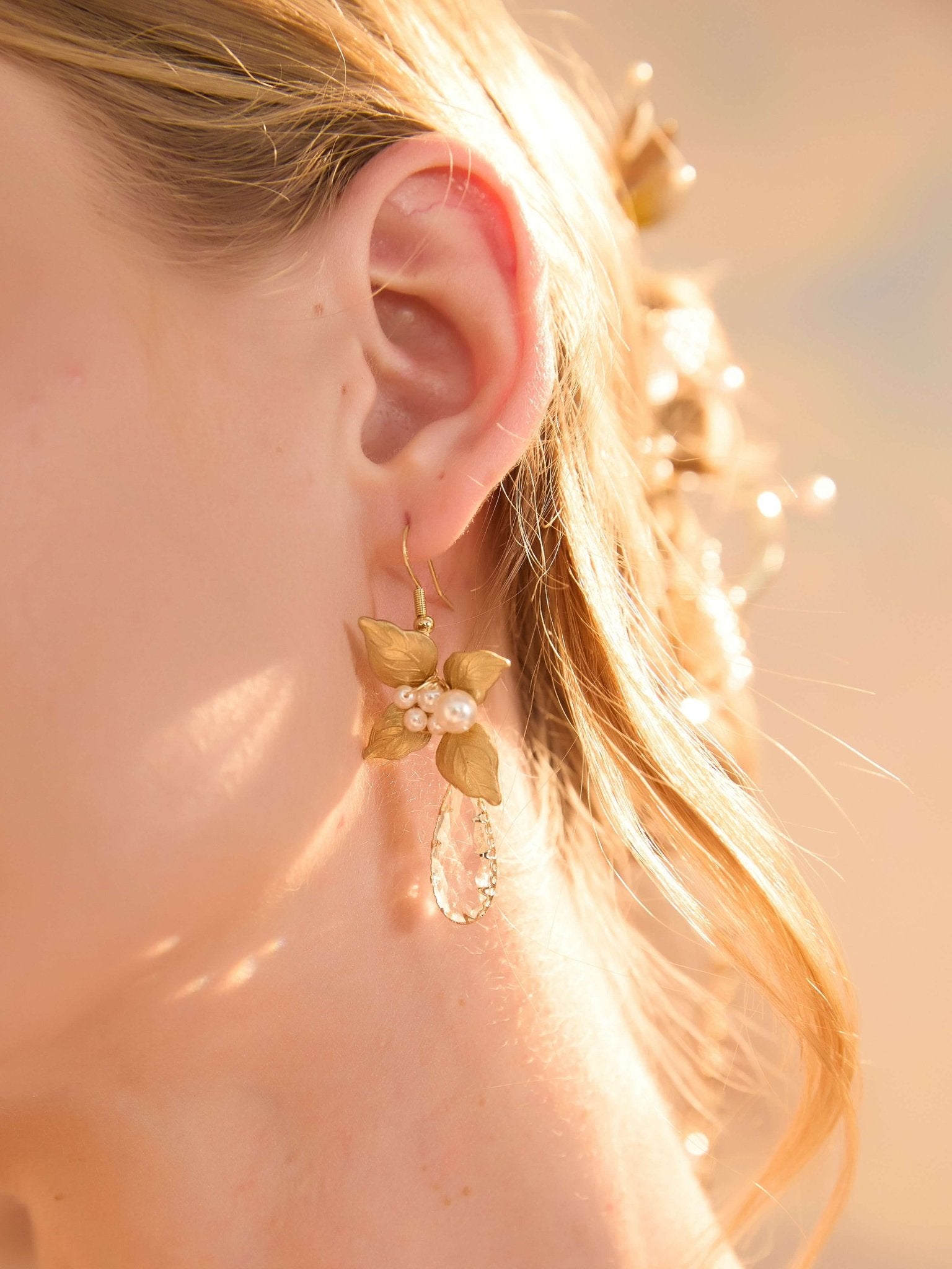 Gilded Leaf Pearl Crystal Drop EarringsEarringsJewelryBlossomuniqueflowerearringsgiftforhermothergiftdaughtergiftbirthdaygiftanniversarygift