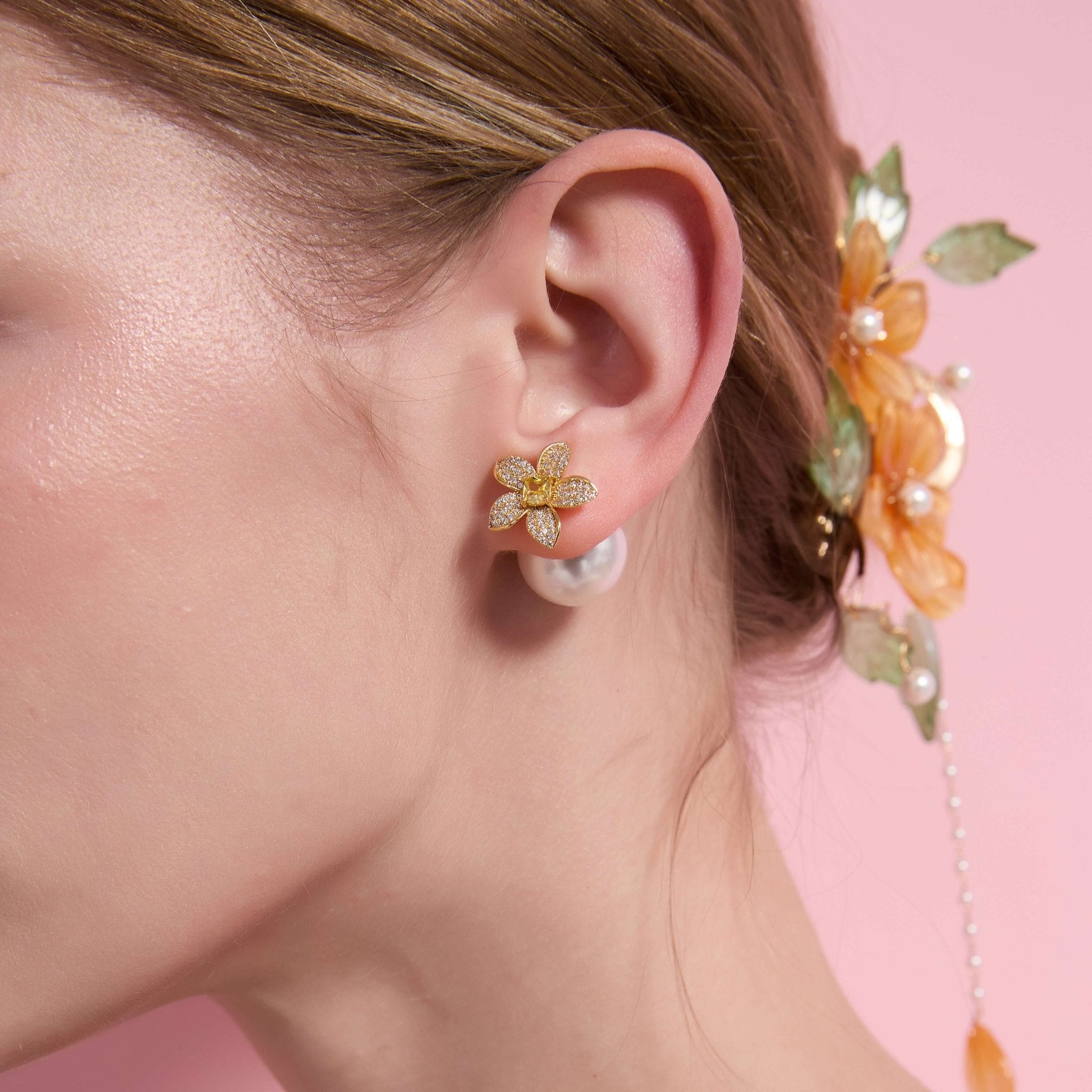 Golden Flower Pearl Studs Tribale EarringsEarringsJewelryBlossomuniqueflowerearringsgiftforhermothergiftdaughtergiftbirthdaygiftanniversarygift