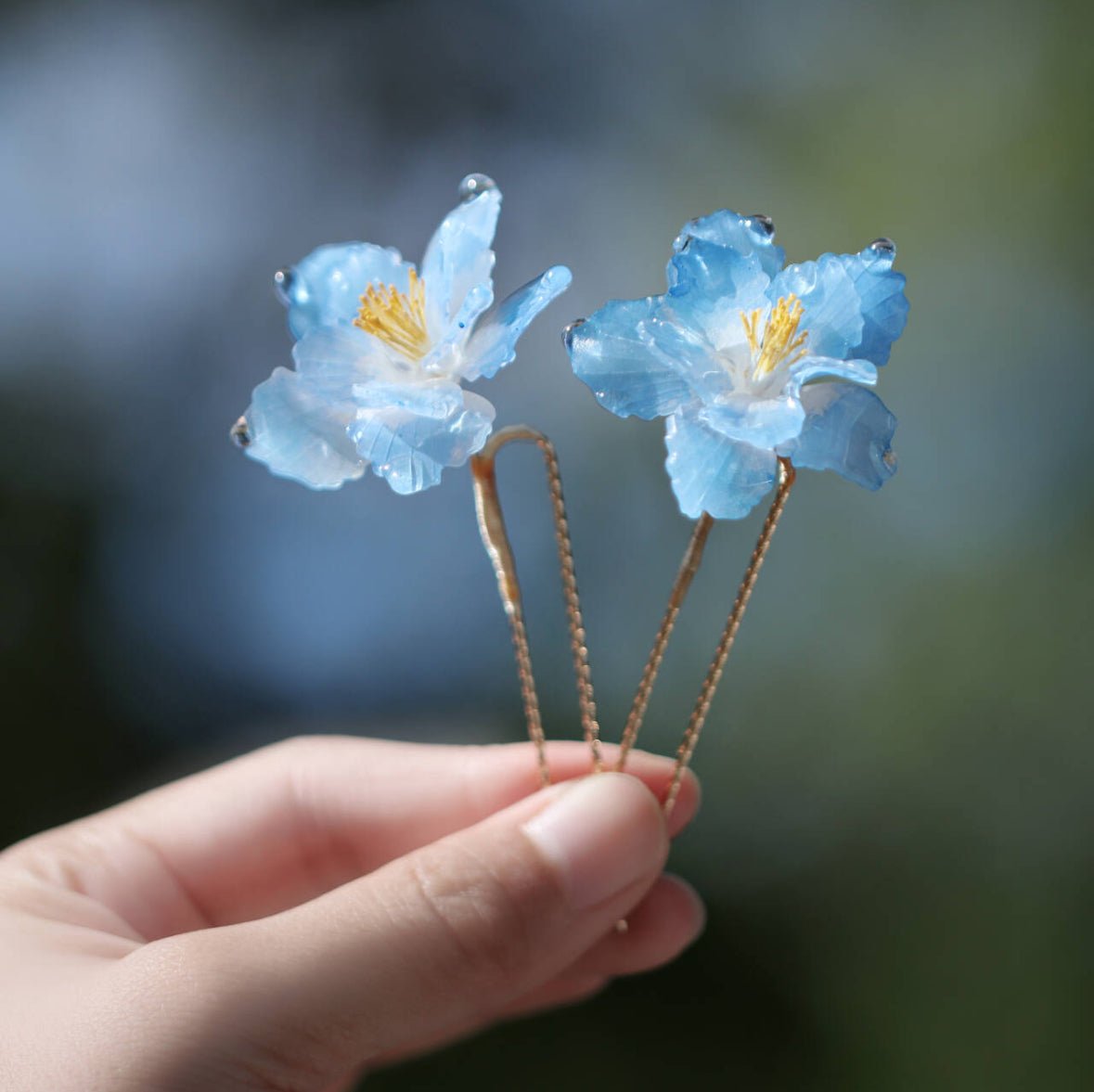 Himalayan Blue Poppy Hair Pin (2 - Pieces)HAIRJewelryBlossomuniqueflowerearringsgiftforhermothergiftdaughtergiftbirthdaygiftanniversarygift