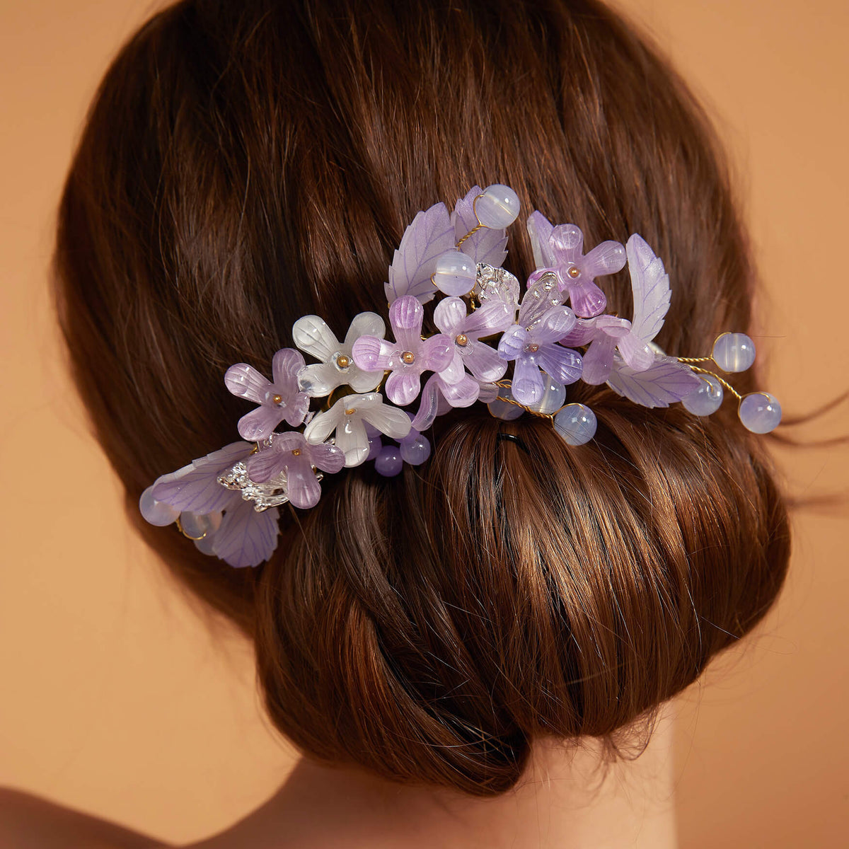 Blue & Lavender Rhinestone Flower Hair Comb With Cascading Crystal Strands Missgrace Blue Crystal Rhinestone Flower Hair Comb for Bride  main image 2