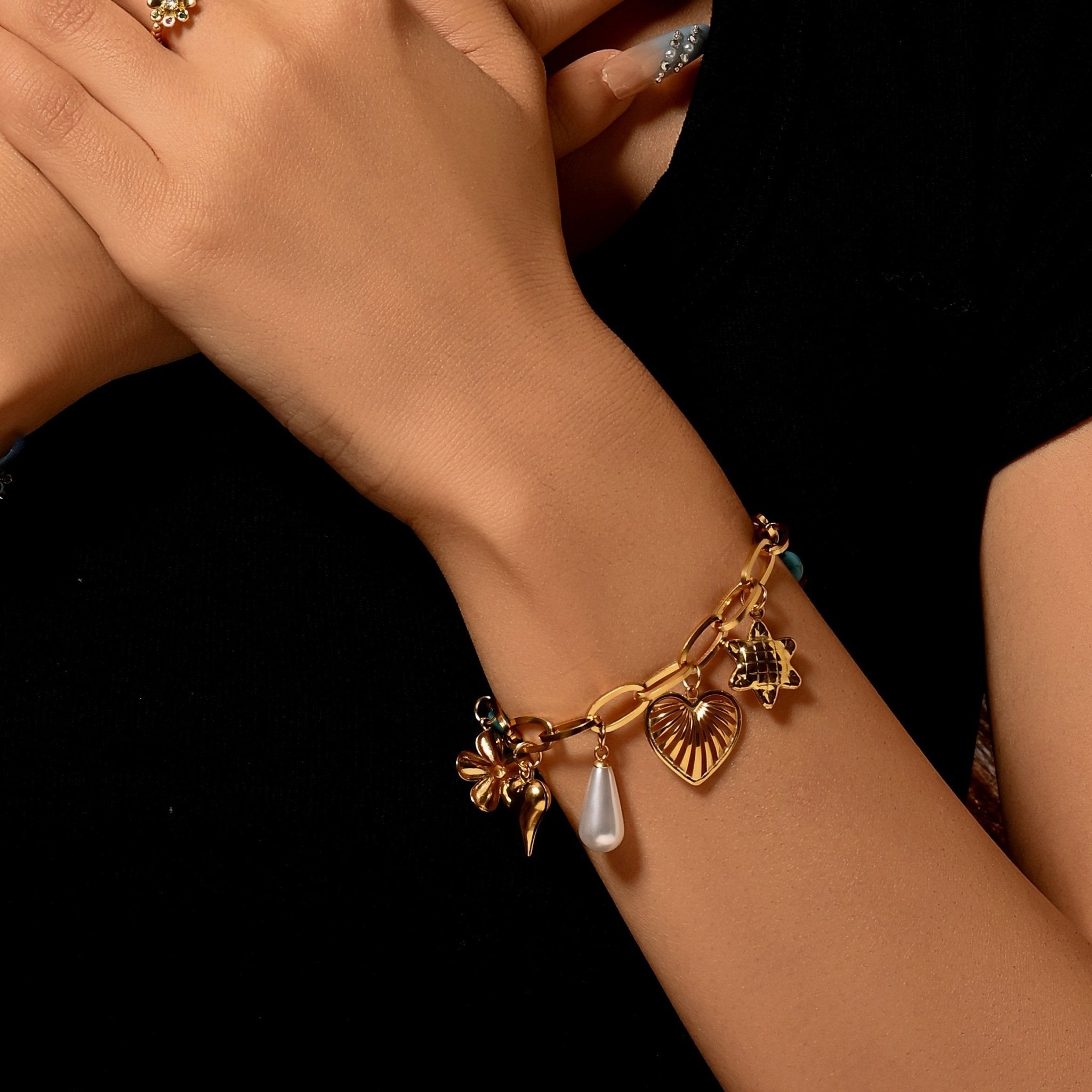 Lyra Petals & Pearly Hearts Charm Chain BraceletBraceletJewelryBlossomuniqueflowerearringsgiftforhermothergiftdaughtergiftbirthdaygiftanniversarygift