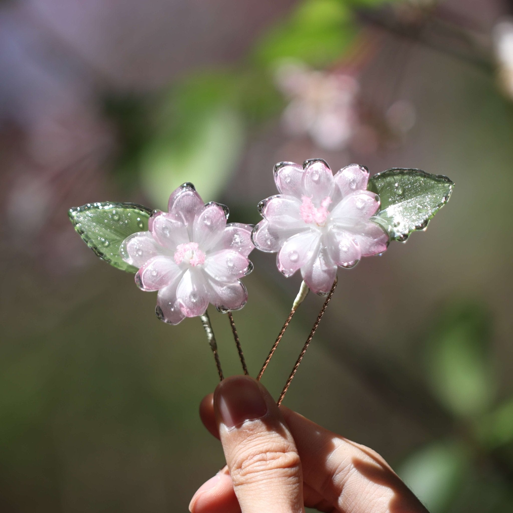 Morning Dew Sakura Hair Pins (2 - Piece)Hair ClipsJewelryBlossomuniqueflowerearringsgiftforhermothergiftdaughtergiftbirthdaygiftanniversarygift
