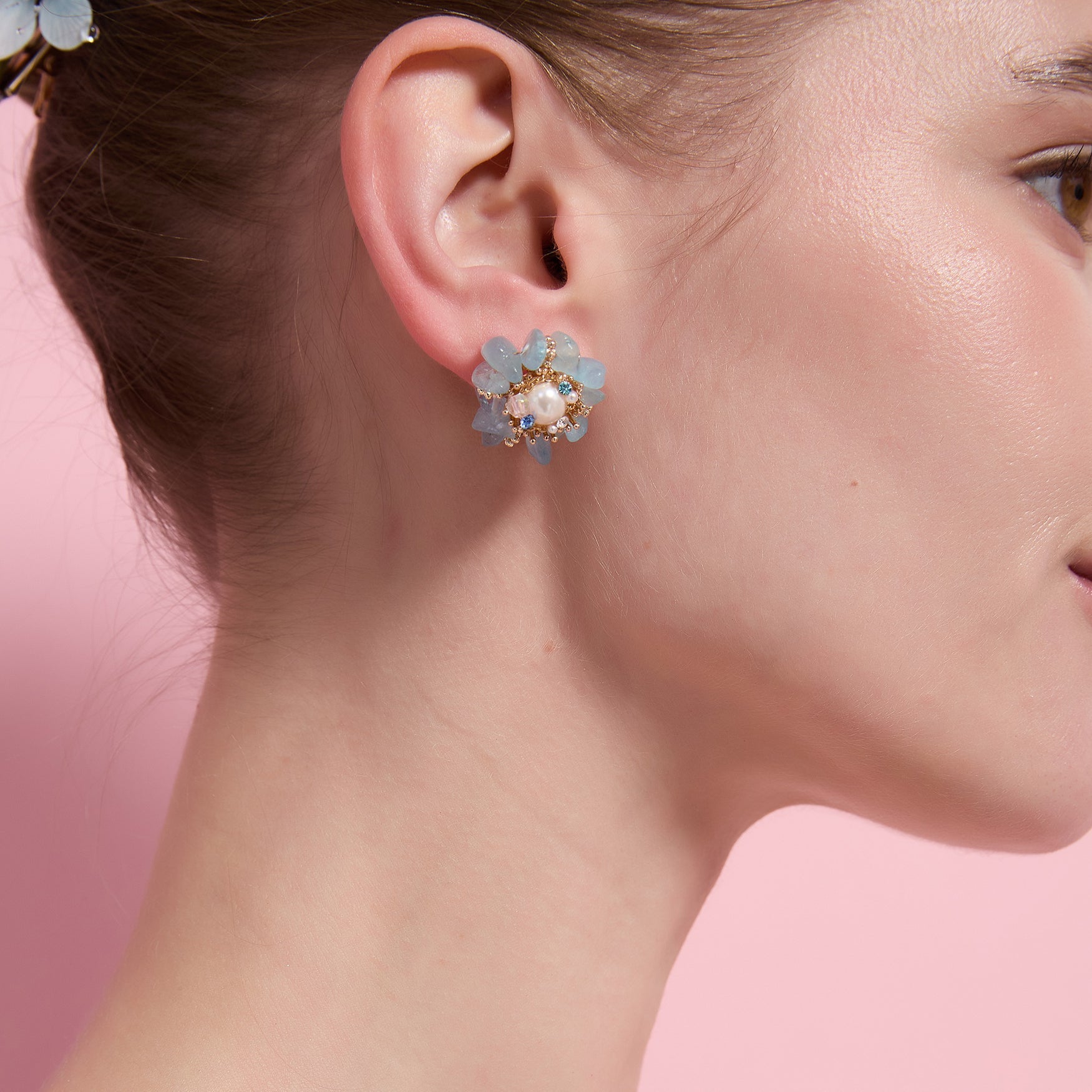 Ocean Bloom Aquamarine & Pearl Stud EarringsEarringsJewelryBlossomuniqueflowerearringsgiftforhermothergiftdaughtergiftbirthdaygiftanniversarygift