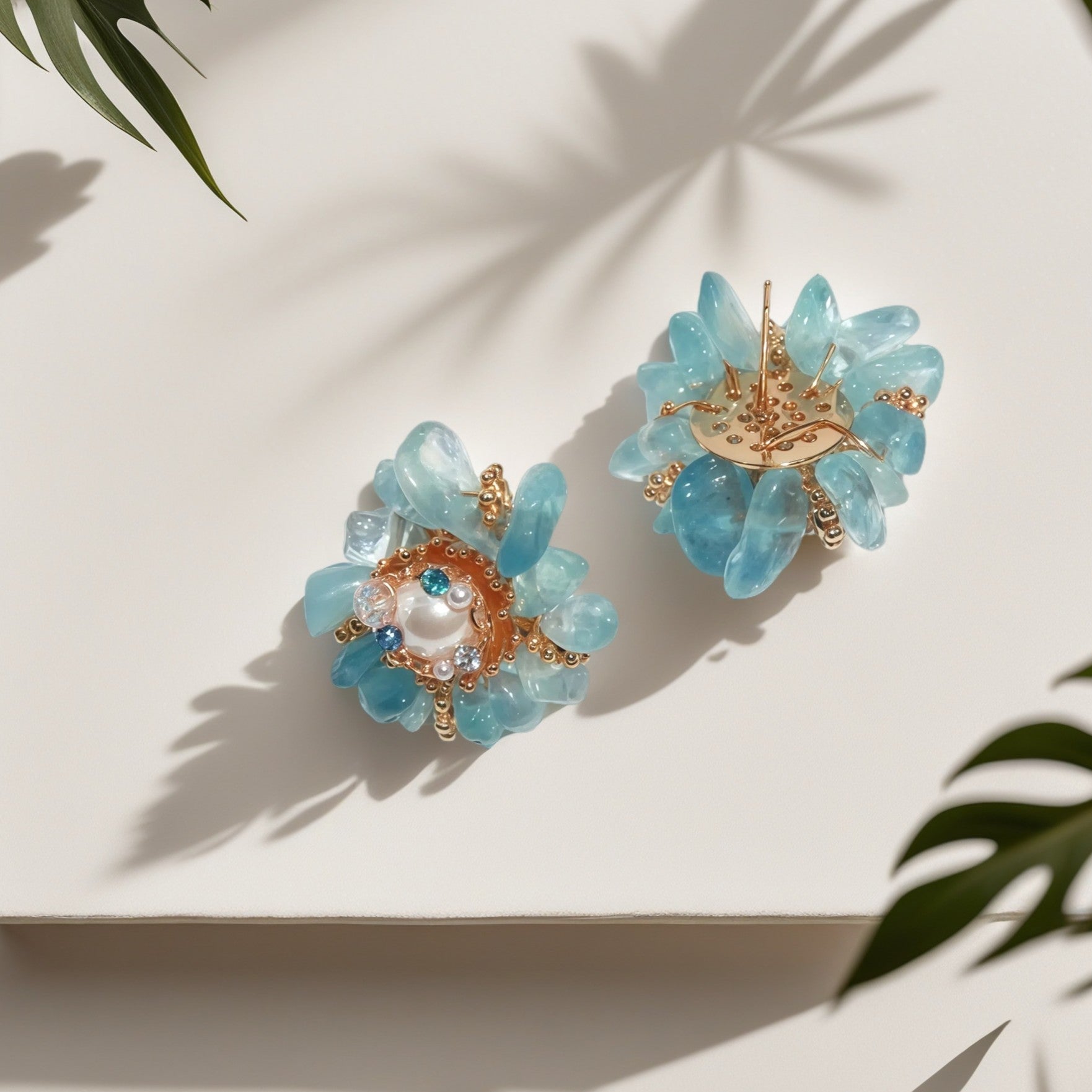 Ocean Bloom Aquamarine & Pearl Stud EarringsEarringsJewelryBlossomuniqueflowerearringsgiftforhermothergiftdaughtergiftbirthdaygiftanniversarygift