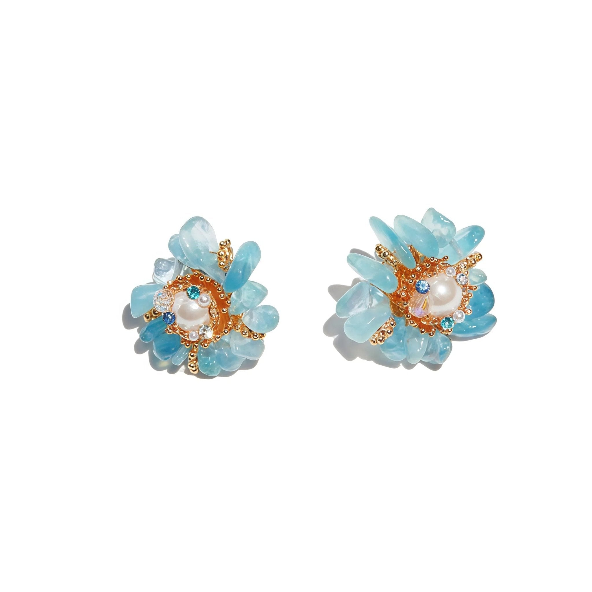 Ocean Bloom Aquamarine & Pearl Stud EarringsEarringsJewelryBlossomuniqueflowerearringsgiftforhermothergiftdaughtergiftbirthdaygiftanniversarygift