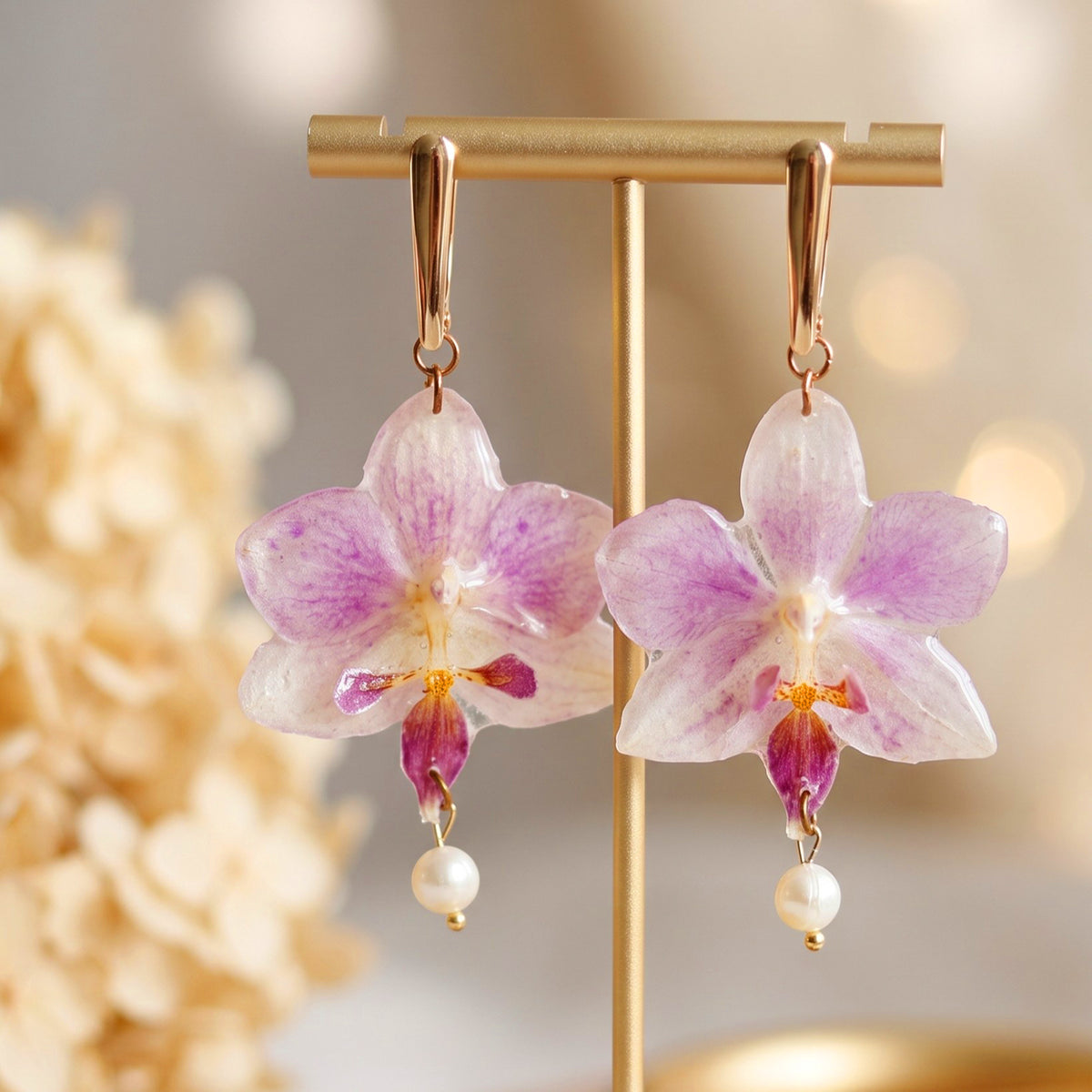 *Real Flower* Mini Orchid Pearl Drop Earrings