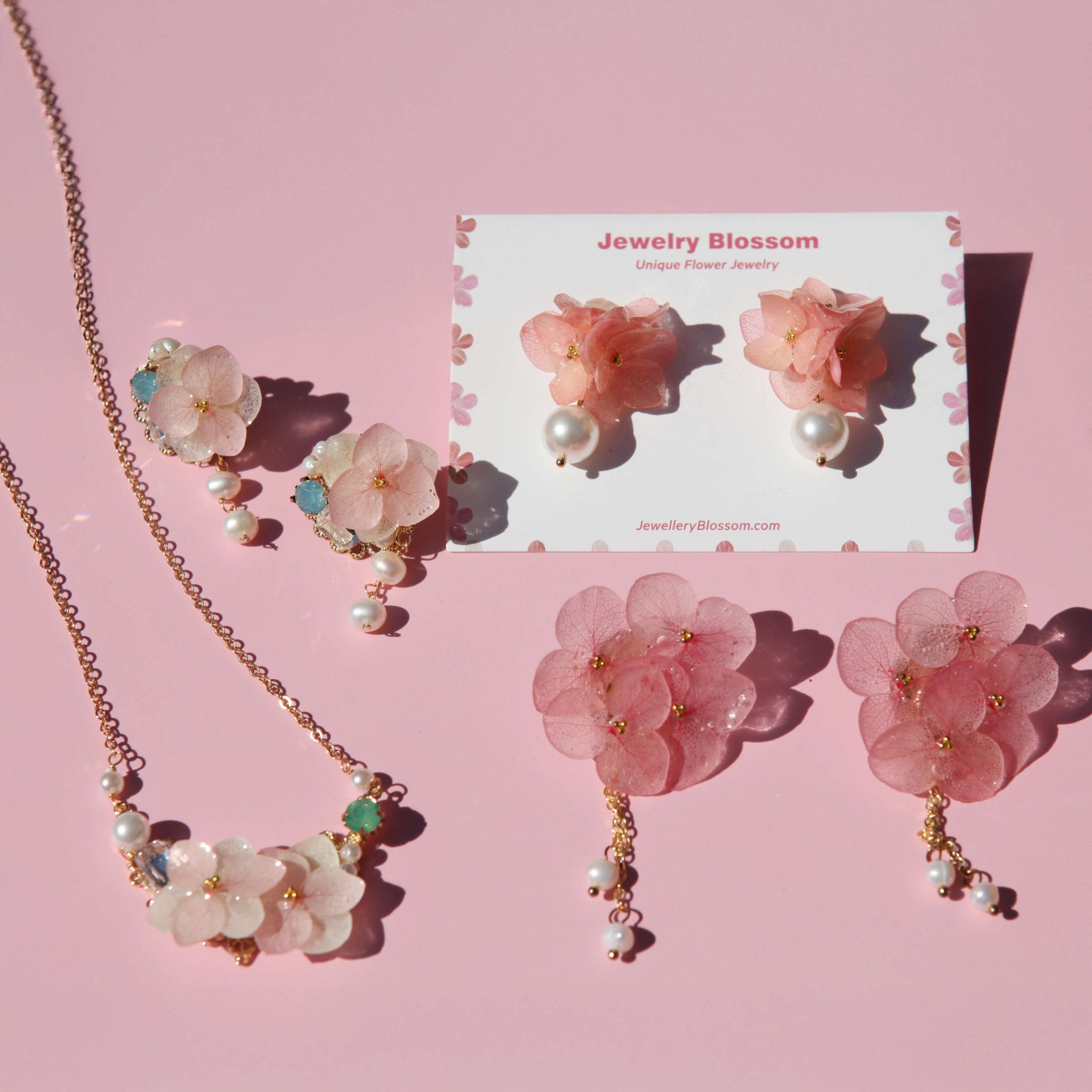 Pink Hydrangea Jewelry Holiday 4 - pc Gift SetSetJewelryBlossomuniqueflowerearringsgiftforhermothergiftdaughtergiftbirthdaygiftanniversarygift