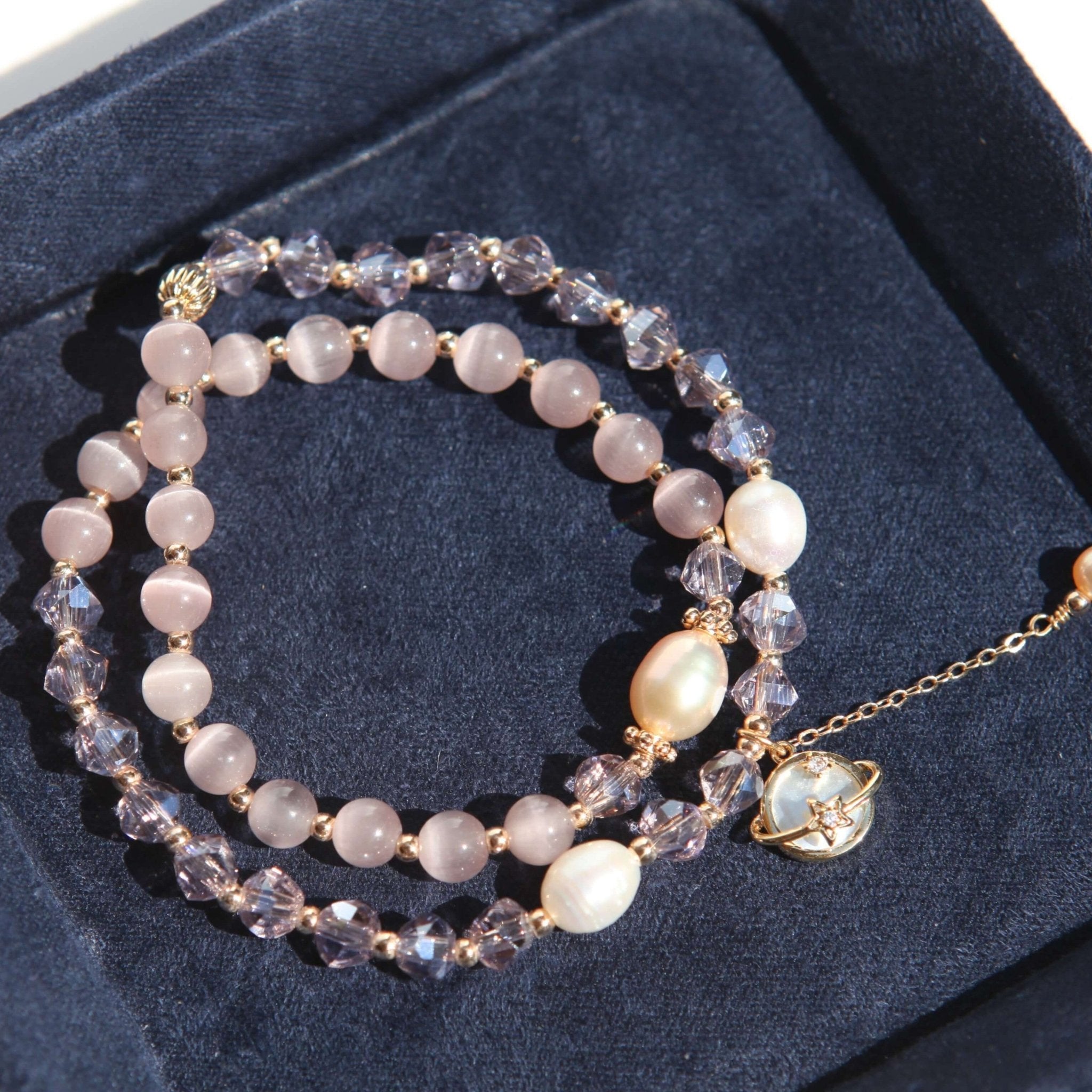 Pink Moonstone Double Layer Stacked BraceletBraceletJewelryBlossomuniqueflowerearringsgiftforhermothergiftdaughtergiftbirthdaygiftanniversarygift