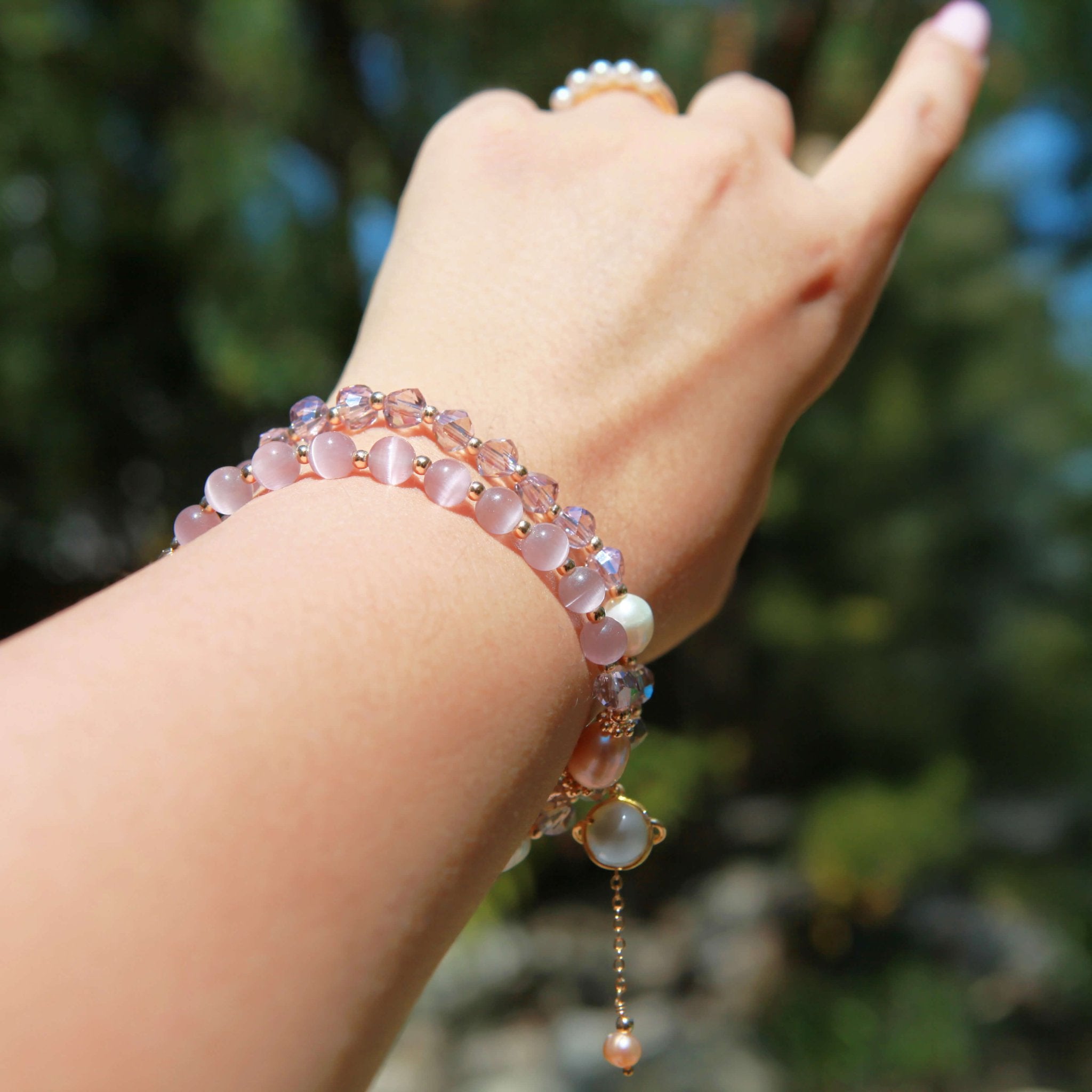 Pink Moonstone Double Layer Stacked BraceletBraceletJewelryBlossomuniqueflowerearringsgiftforhermothergiftdaughtergiftbirthdaygiftanniversarygift