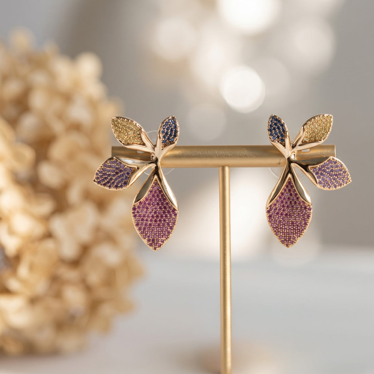 Berry Orchid Pavé Petal Statement Earrings