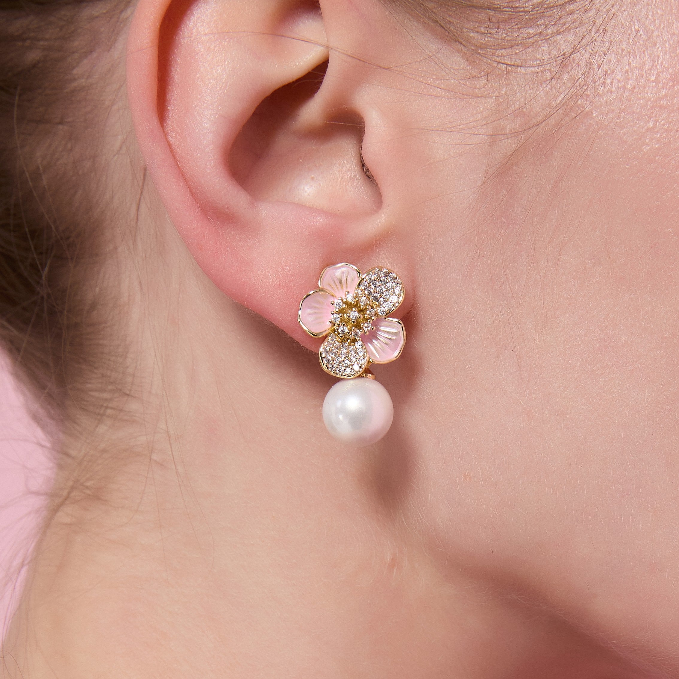 Cherry Blossom Pavé Pearl Drop Earrings