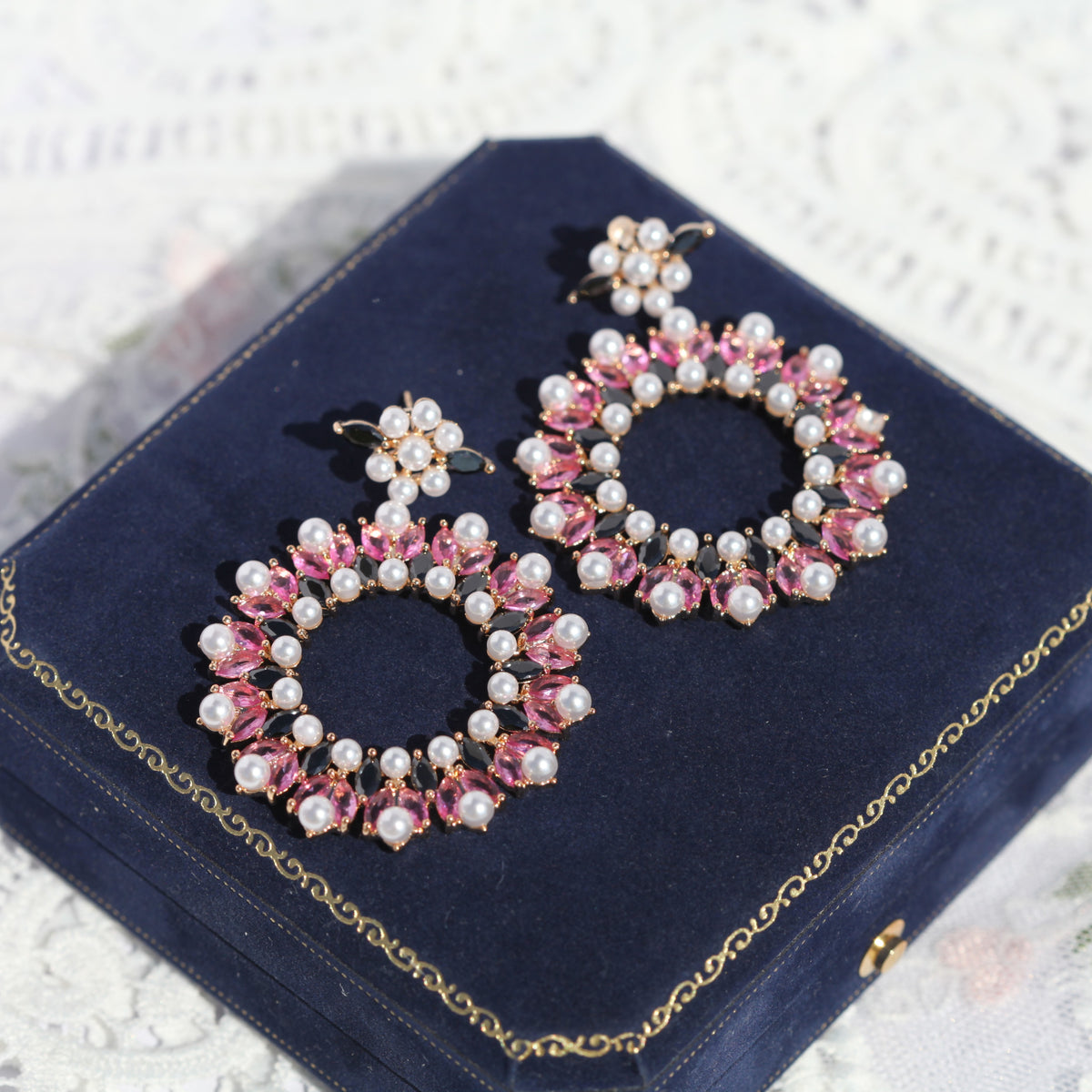 Garnet Bloom Pearl Halo Hoop Earrings