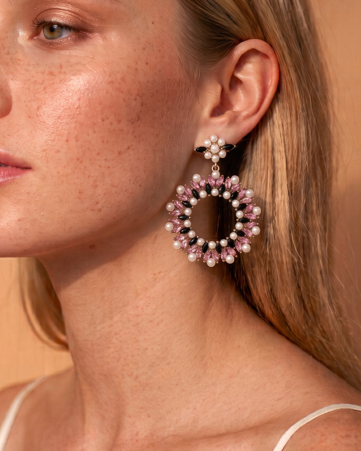 Garnet Bloom Pearl Halo Hoop Earrings